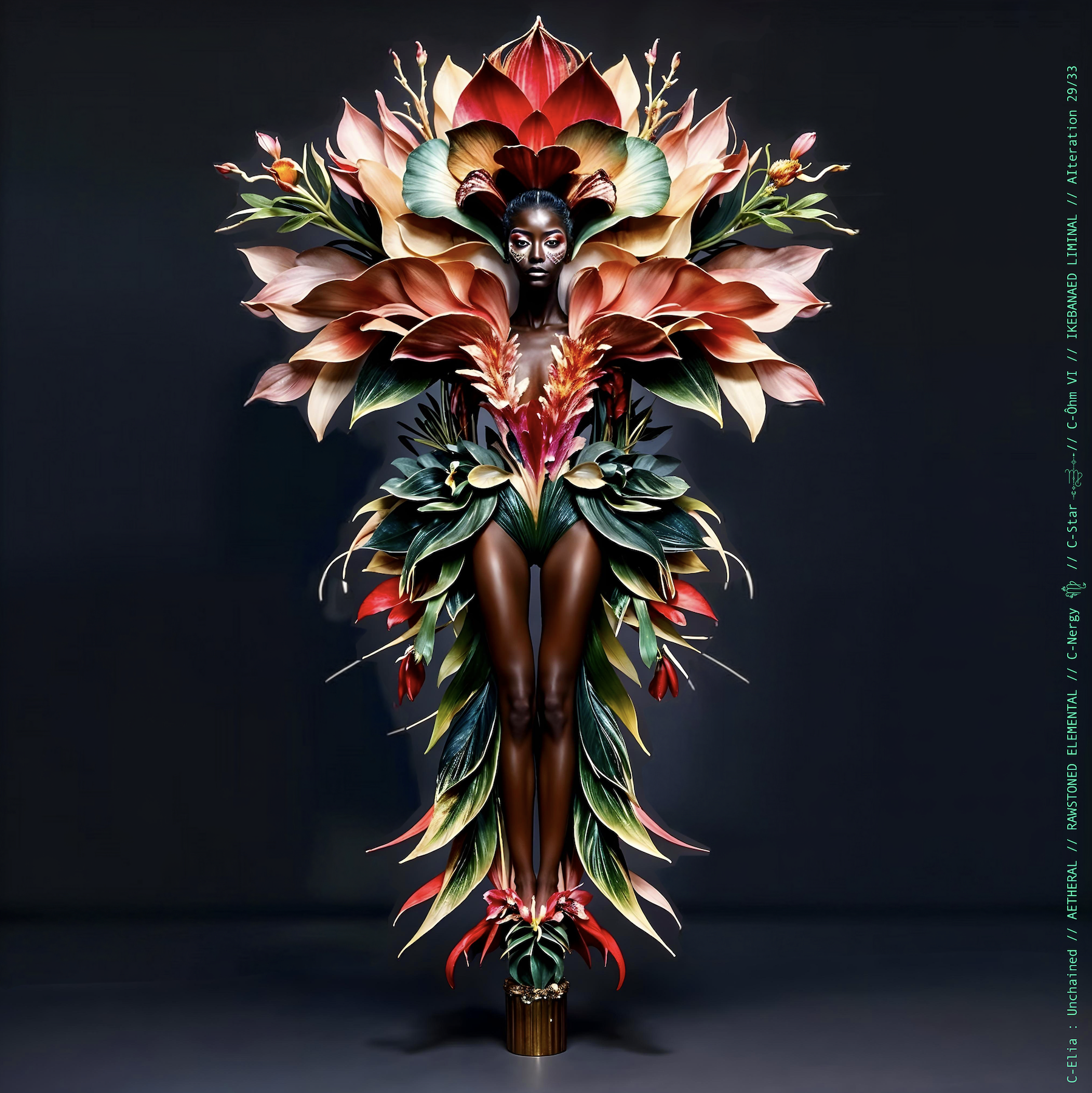 Surreal haute meta couture NFT silhouette from C-Elia: Unchained, Ikebanaed Liminal collection, inspired by floral architecture and Japanese composition, merging nature, geometry and serenity into a living couture sculpture.