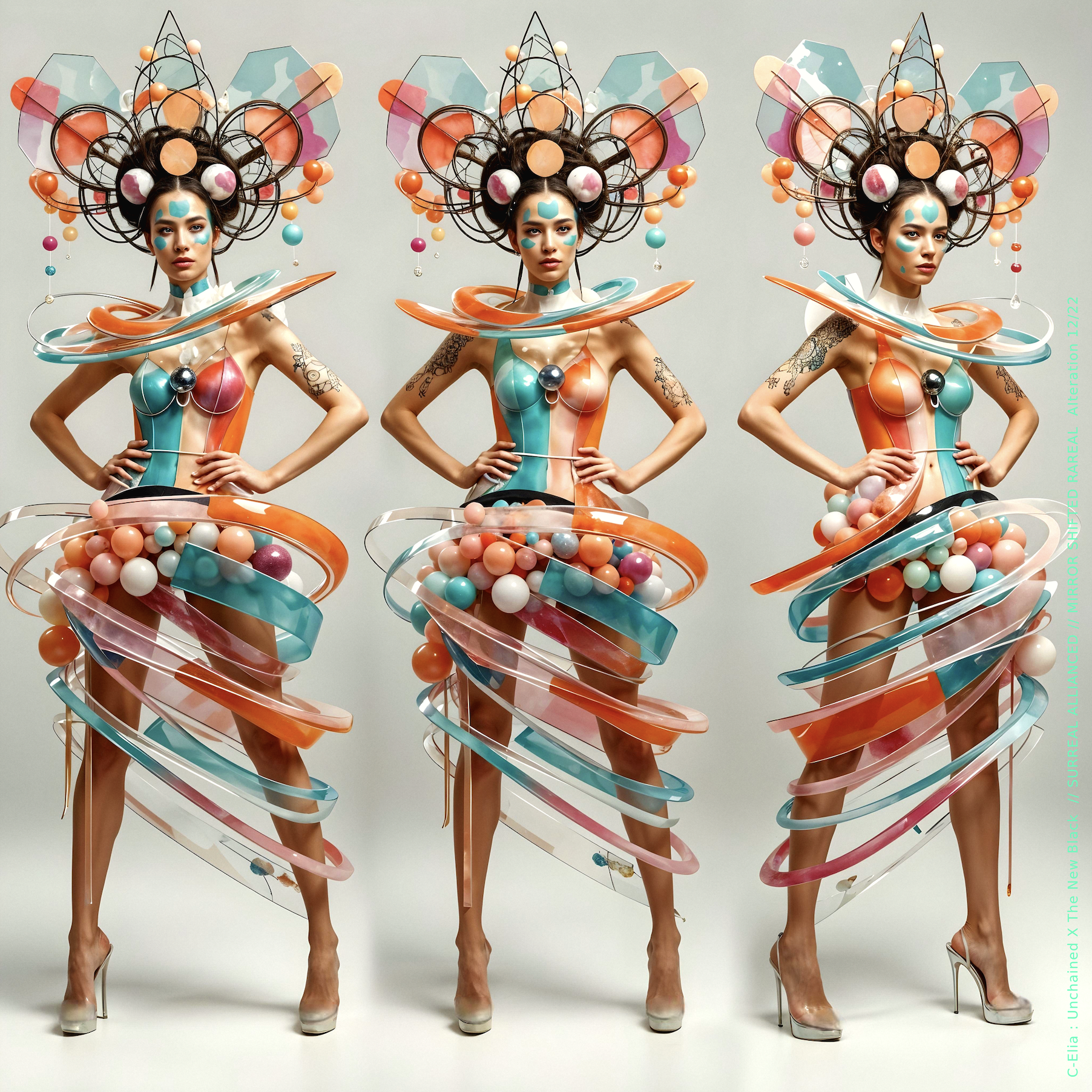 Surreal haute meta couture NFT silhouette from C-Elia: Unchained, Thenewblacked Allianced Liminal, created in collaboration with tThe New Black, merging resin, glass, acrylic and light into a living prism of translucent geometry.