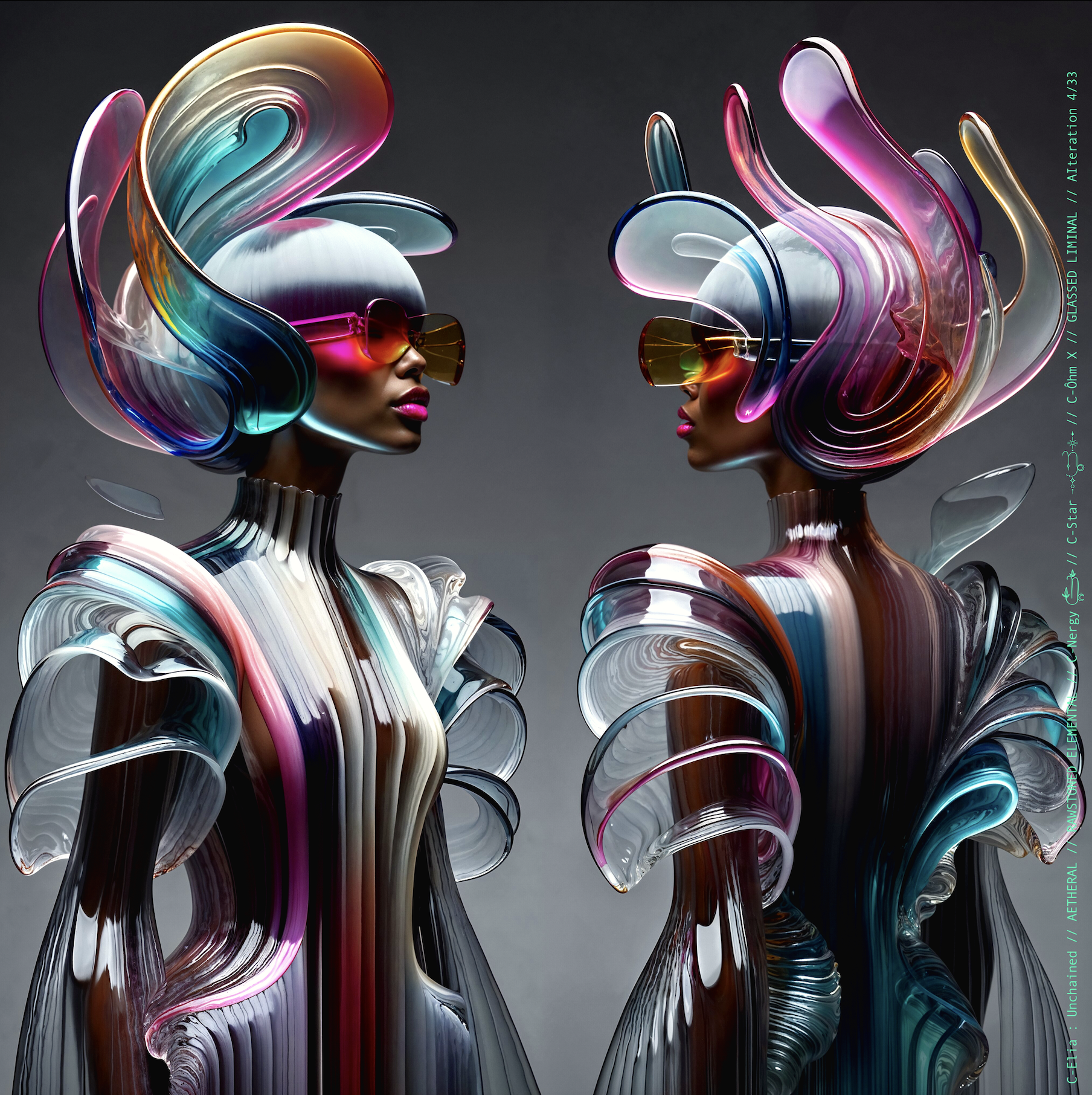 Surreal haute meta couture NFT silhouette from C-Elia: Unchained, Glassed Liminal collection, inspired by blown glass and molten light, merging fragility, transparency and grandeur into an avant garde architectural couture sculpture.