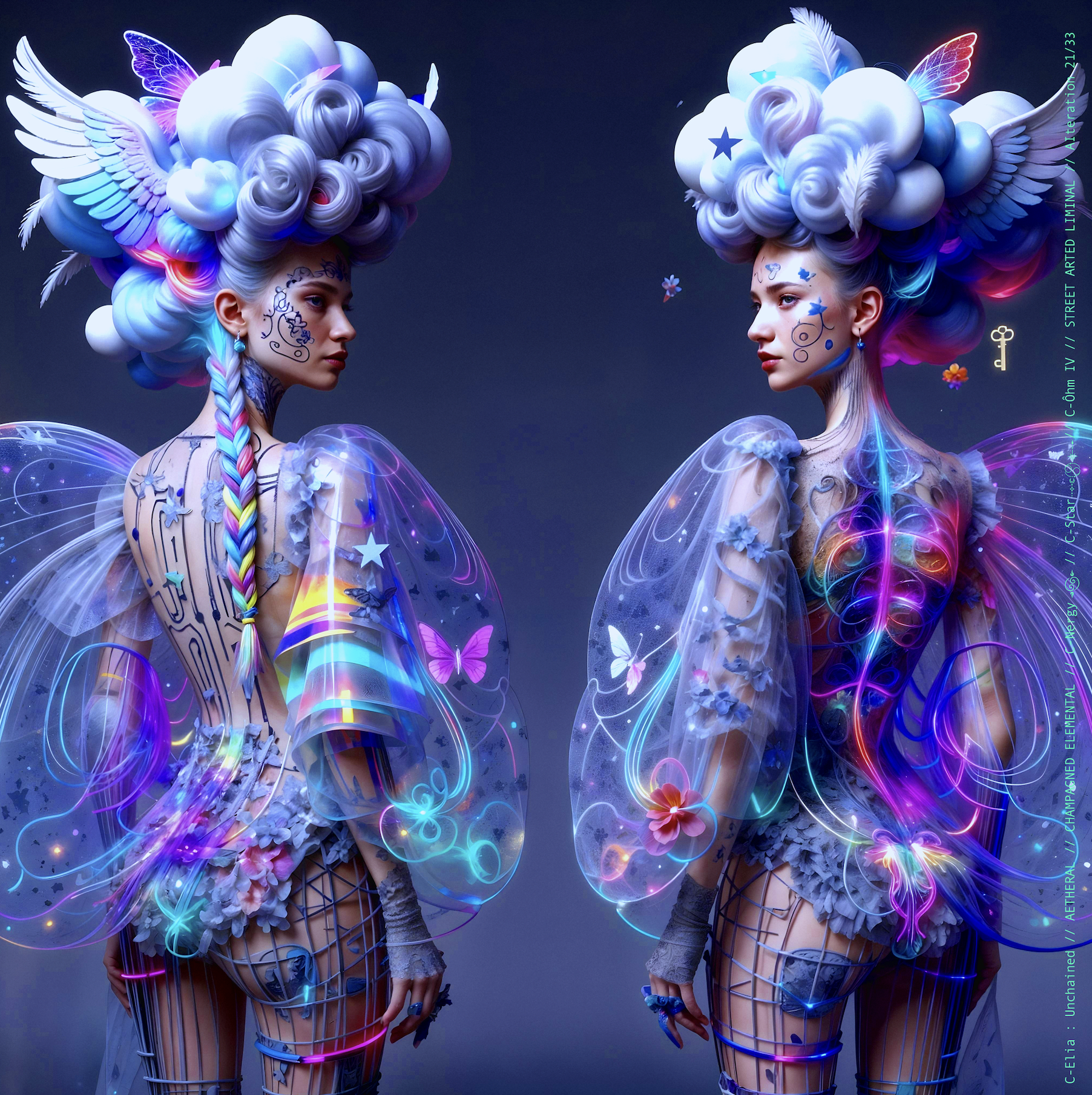 Surreal haute meta couture NFT silhouette from C Elia Unchained, Streetarted Liminal collection, merging liquid graffiti textures, neon mist, chromatic drips and atmospheric street-paint couture.