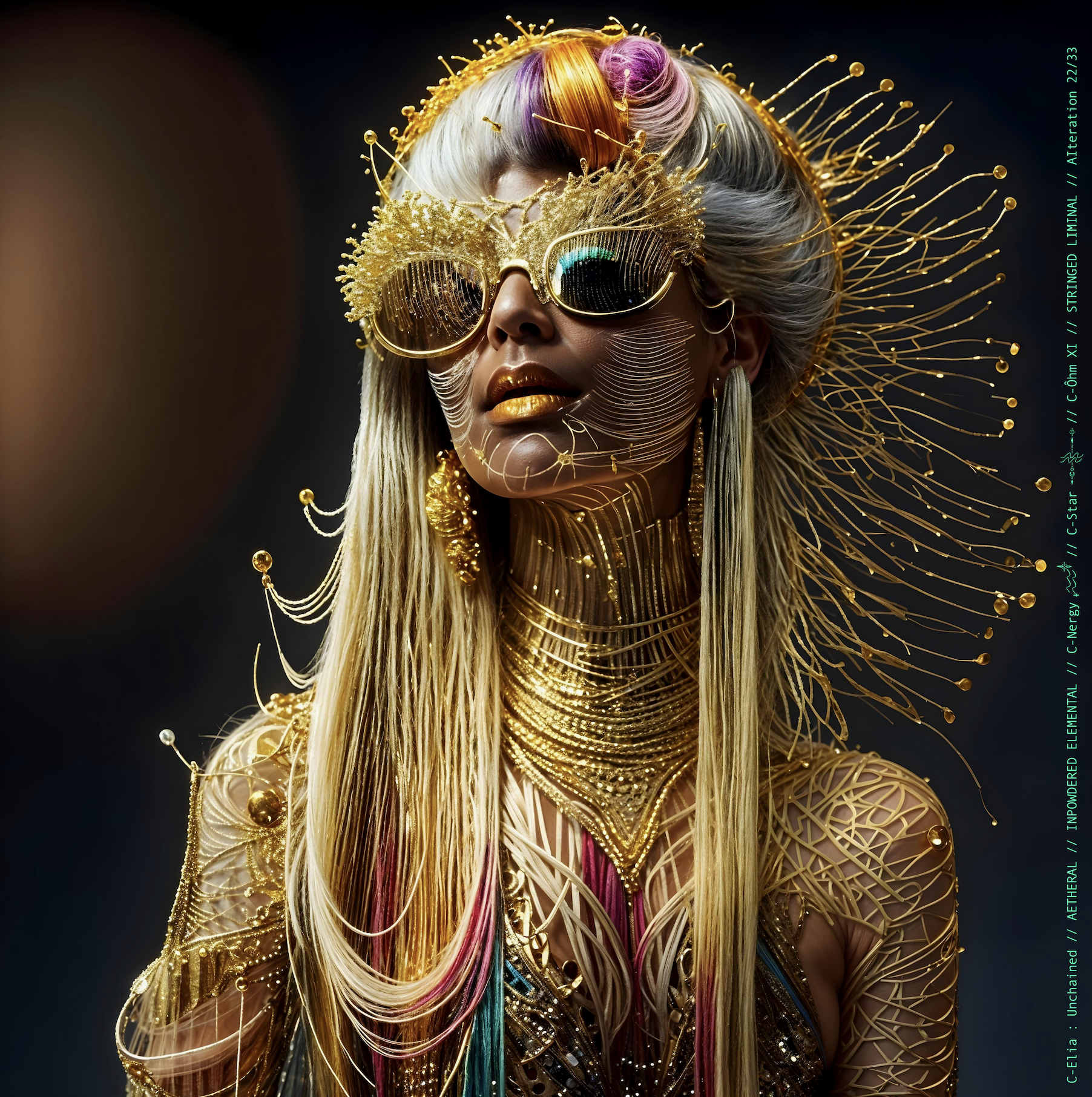 Surreal haute meta  couture NFT silhouette from C-Elia: Unchained, Stringed Liminal collection. A living sculpture made entirely of golden and colored strings, merging art, vibration and geometry into a resonant couture form.