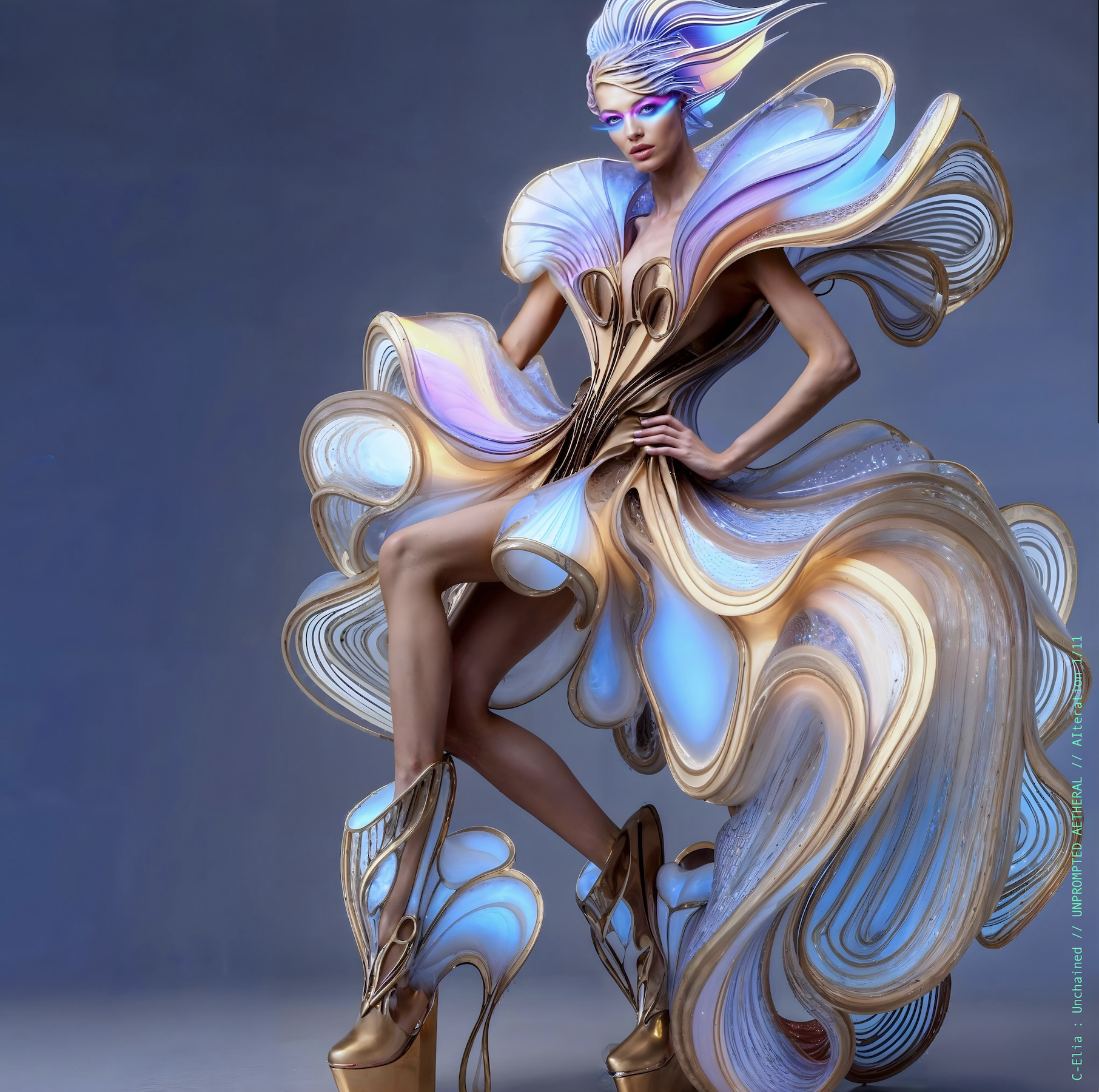 Surreal haute meta couture NFT silhouette from C Elia Unchained, Unprompted Aetheral collection, merging crystalline arcs, holographic ribbons, neon-lit futuristic structures and iridescent sacred geometry inspired by M I A’s Vicki Leekx mixtape.