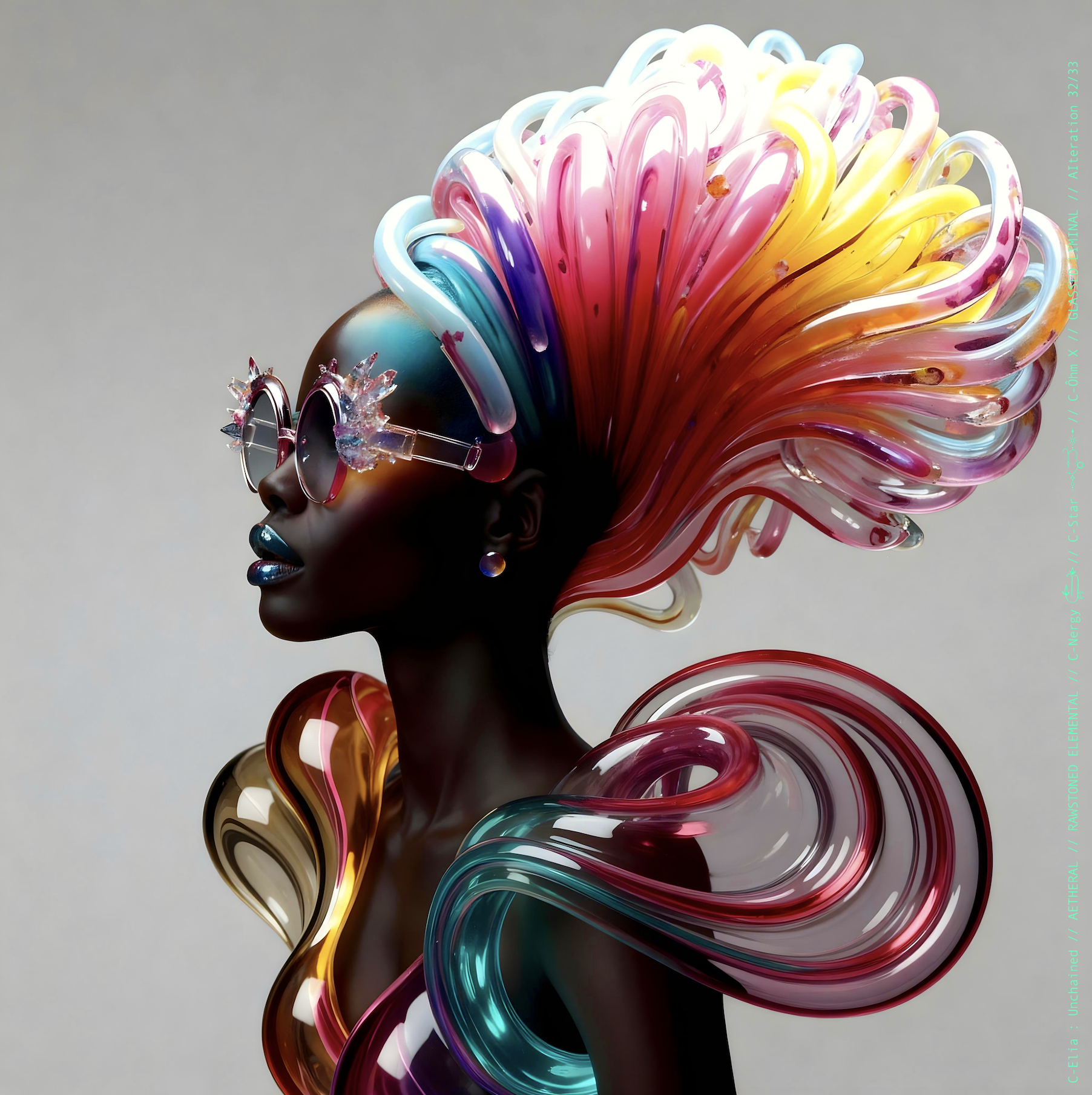 Surreal haute meta couture NFT silhouette from C-Elia: Unchained, Glassed Liminal collection, inspired by blown glass and molten light, merging fragility, transparency and grandeur into an avant garde architectural couture sculpture.