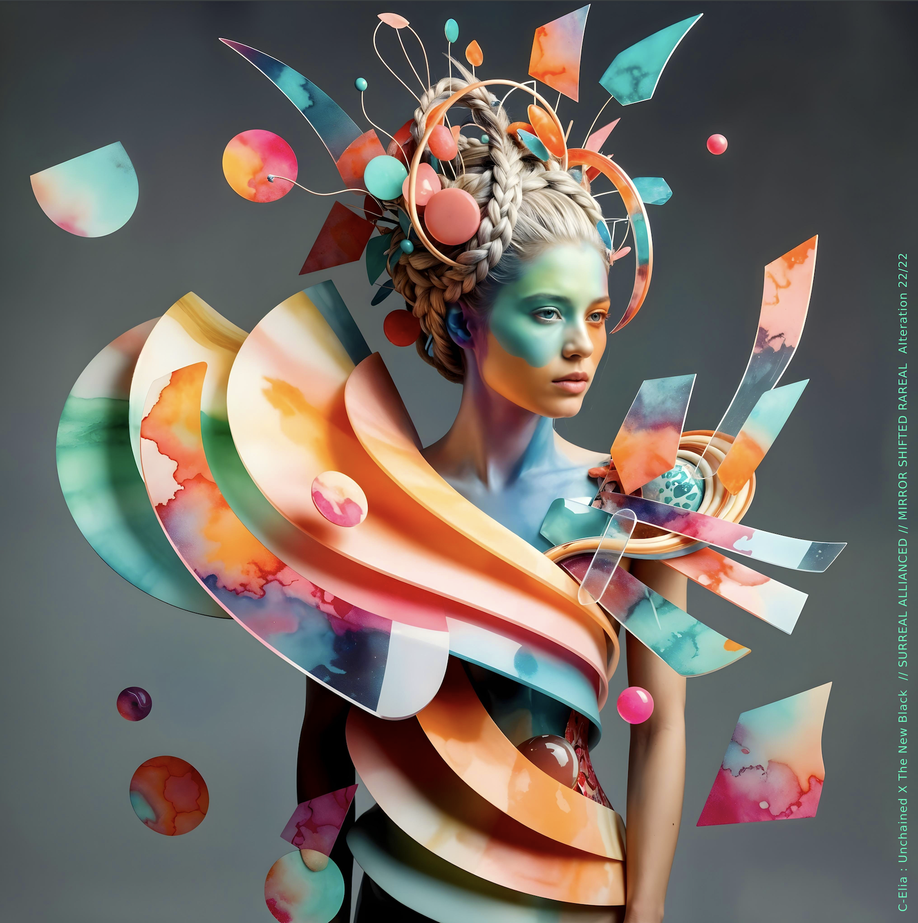 Surreal haute meta couture NFT silhouette from C-Elia: Unchained, Thenewblacked Allianced Liminal, created in collaboration with tThe New Black, merging resin, glass, acrylic and light into a living prism of translucent geometry.