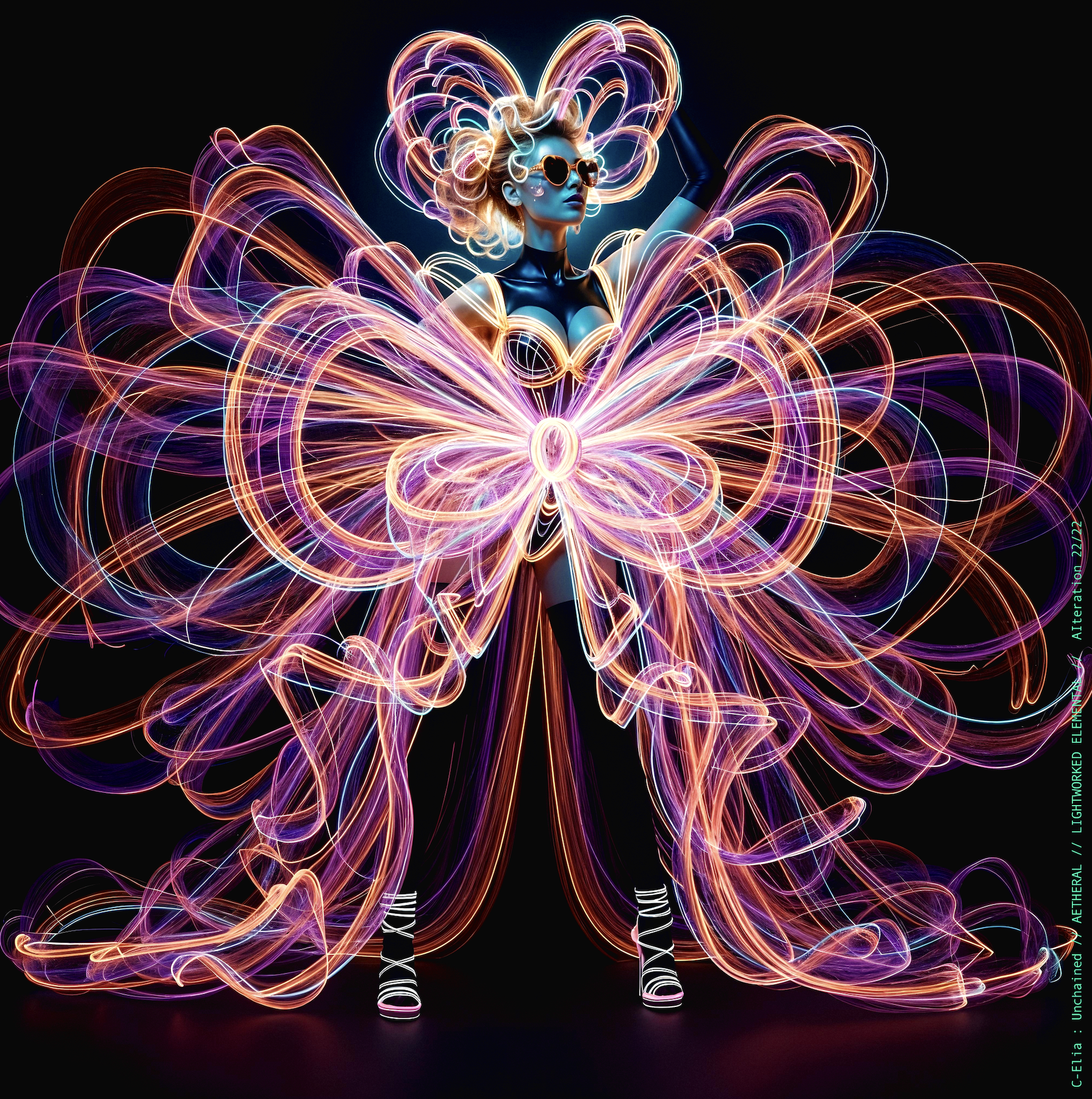 Surreal haute meta couture NFT silhouette from C-Elia: Unchained, Lightworked Elemental collection, a luminous architectural form sketched entirely in neon-painted lines and glowing contours, blending avant-garde light geometry with ethereal couture energy.