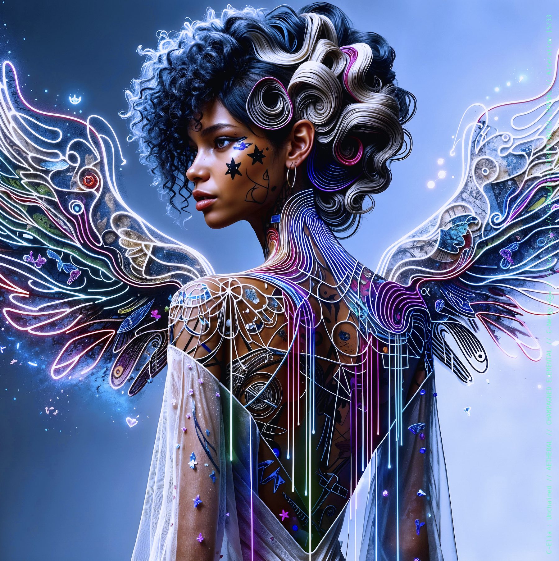 Surreal haute meta couture NFT silhouette from C Elia Unchained, Streetarted Liminal collection, merging liquid graffiti textures, neon mist, chromatic drips and atmospheric street-paint couture.