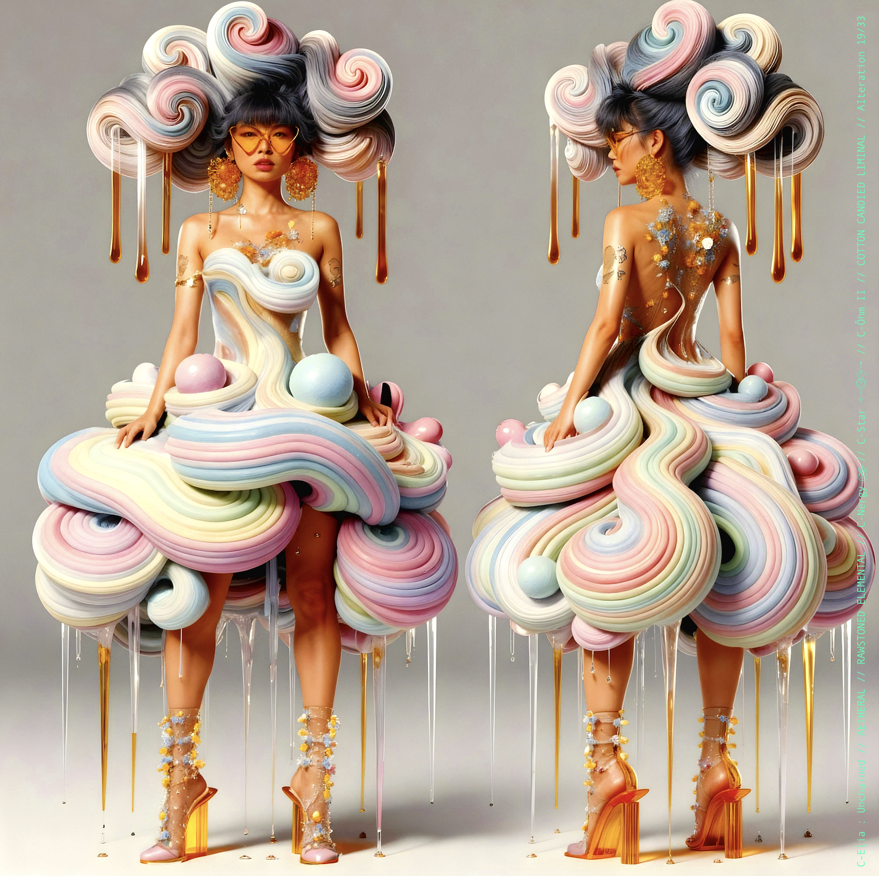 Surreal haute meta couture NFT silhouette from C Elia: Unchained, Cotton Candied Liminal collection, inspired by pastel cotton candy clouds and Khmer gold tattoos, merging sweetness, rebellion and couture into a living vaporous sculpture.