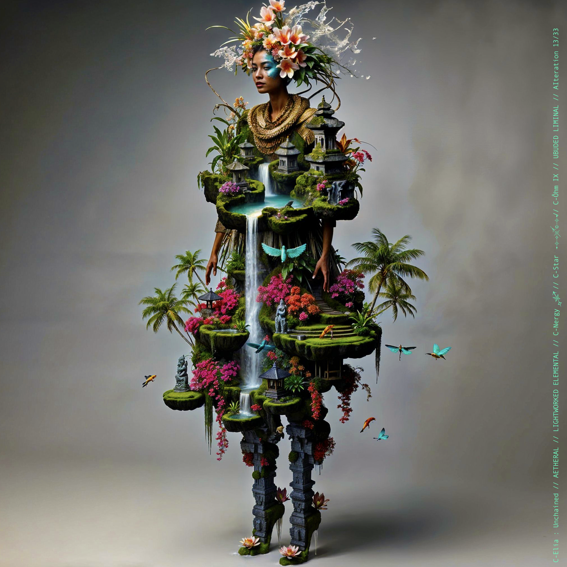 Surreal haute meta couture NFT silhouette from C Elia Unchained, Ubuded Liminal collection, merging tropical Balinese garden architecture, volcanic stone, drifting petals, incense smoke and sacred botanical couture inspired by Asian Dub Foundation’s “Witness.”