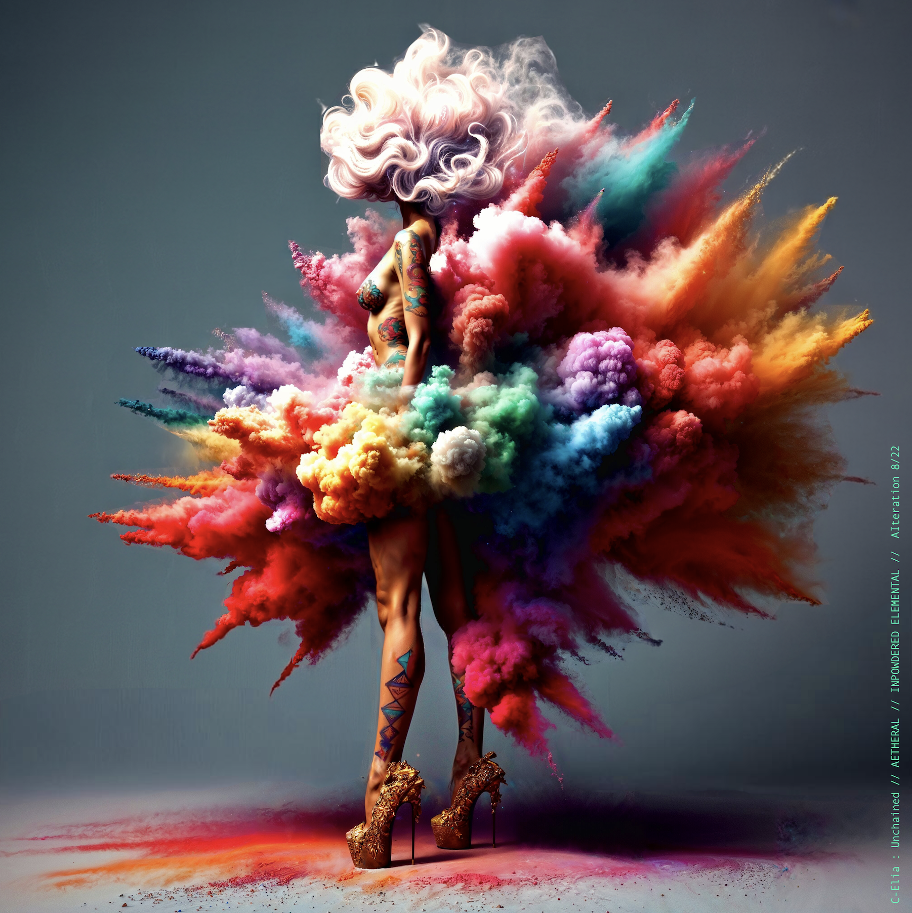 Surreal haute meta couture NFT silhouette from C Elia Unchained, Impowdered Elemental collection, formed from airborne rainbow powders, vaporous chromatic clouds and wind-sculpted avant garde couture.