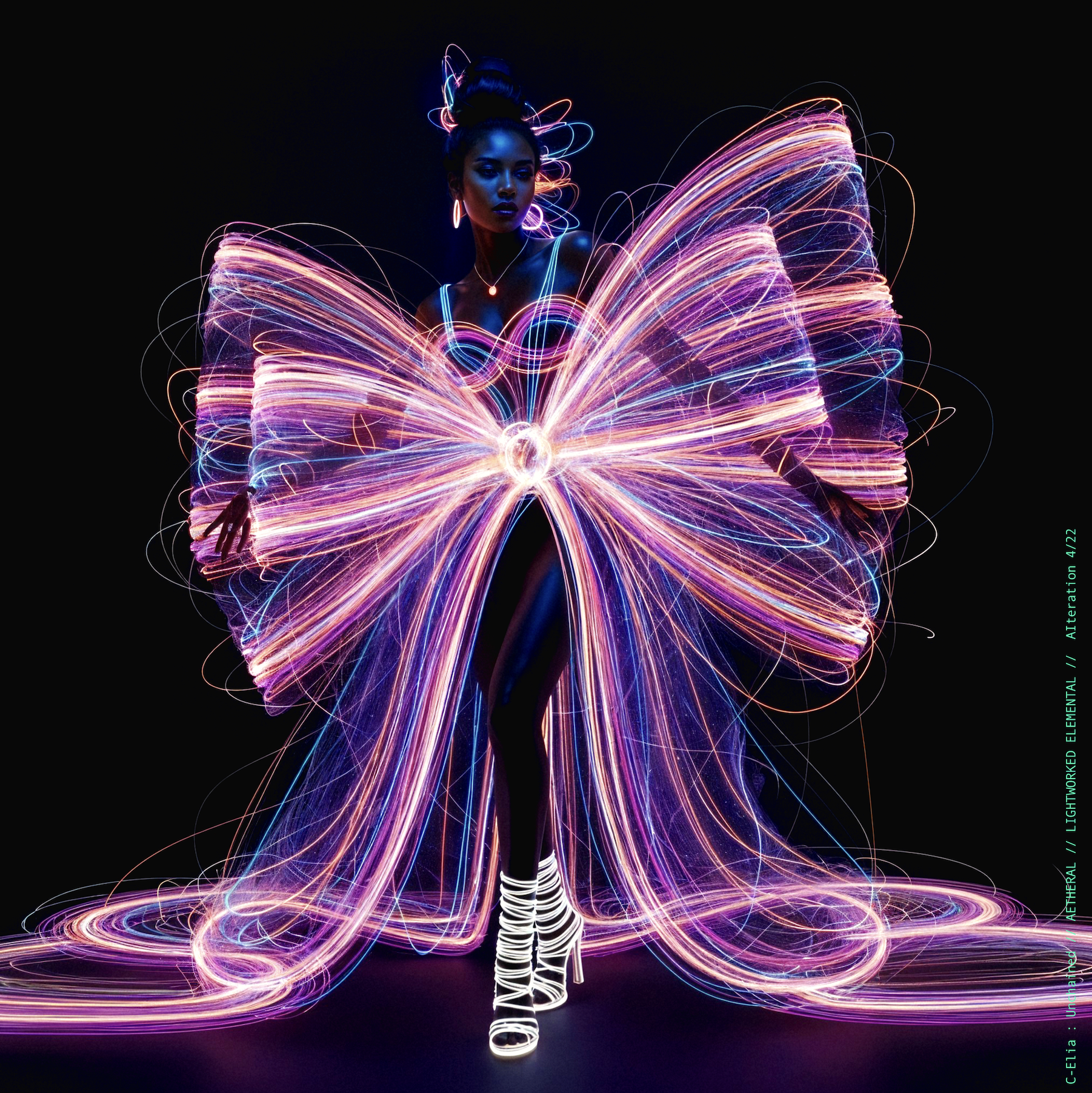 Surreal haute meta couture NFT silhouette from C-Elia: Unchained, Lightworked Elemental collection, a luminous architectural form sketched entirely in neon-painted lines and glowing contours, blending avant-garde light geometry with ethereal couture energy.