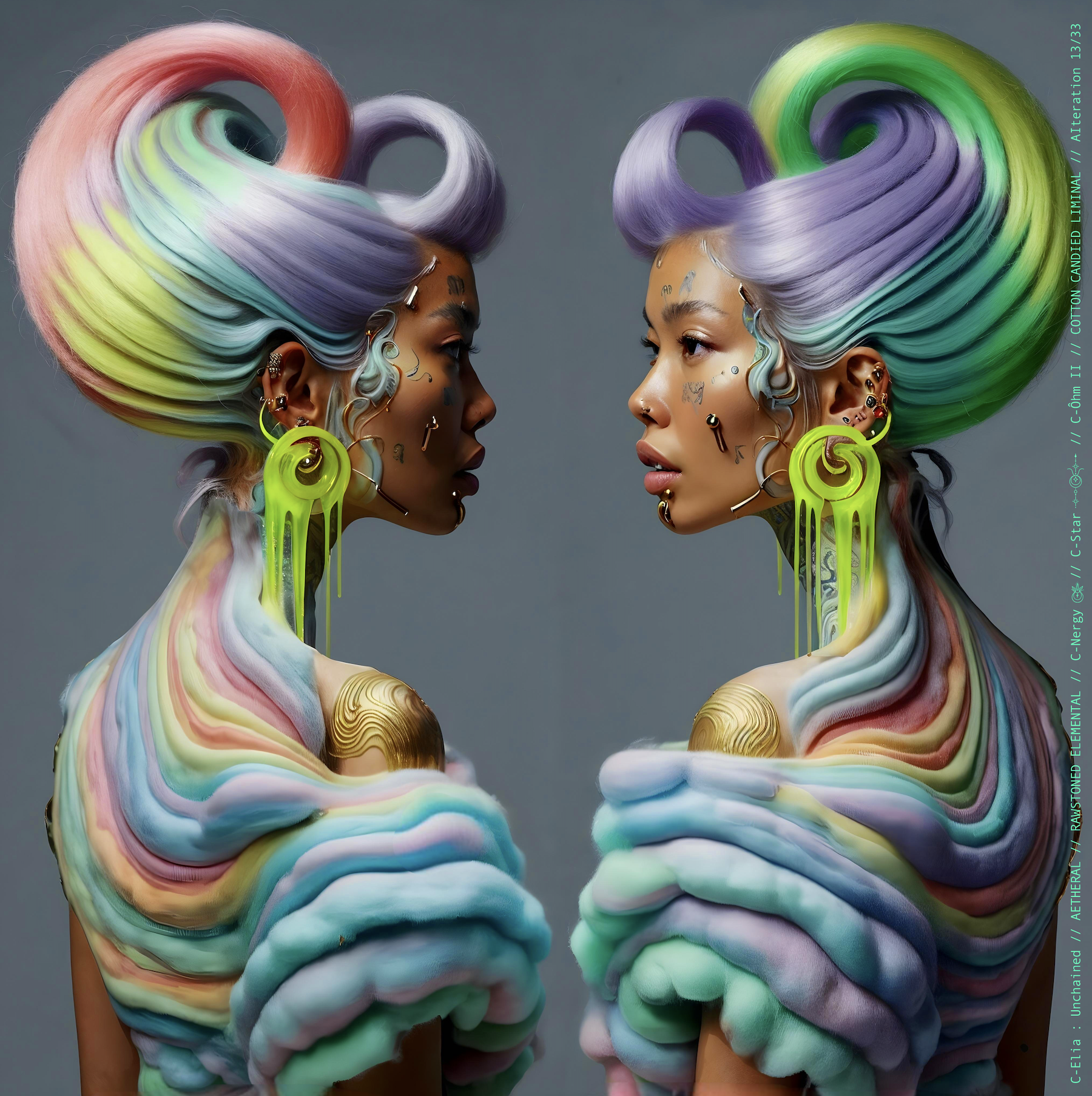 Surreal haute meta couture NFT silhouette from C Elia: Unchained, Cotton Candied Liminal collection, inspired by pastel cotton candy clouds and Khmer gold tattoos, merging sweetness, rebellion and couture into a living vaporous sculpture.