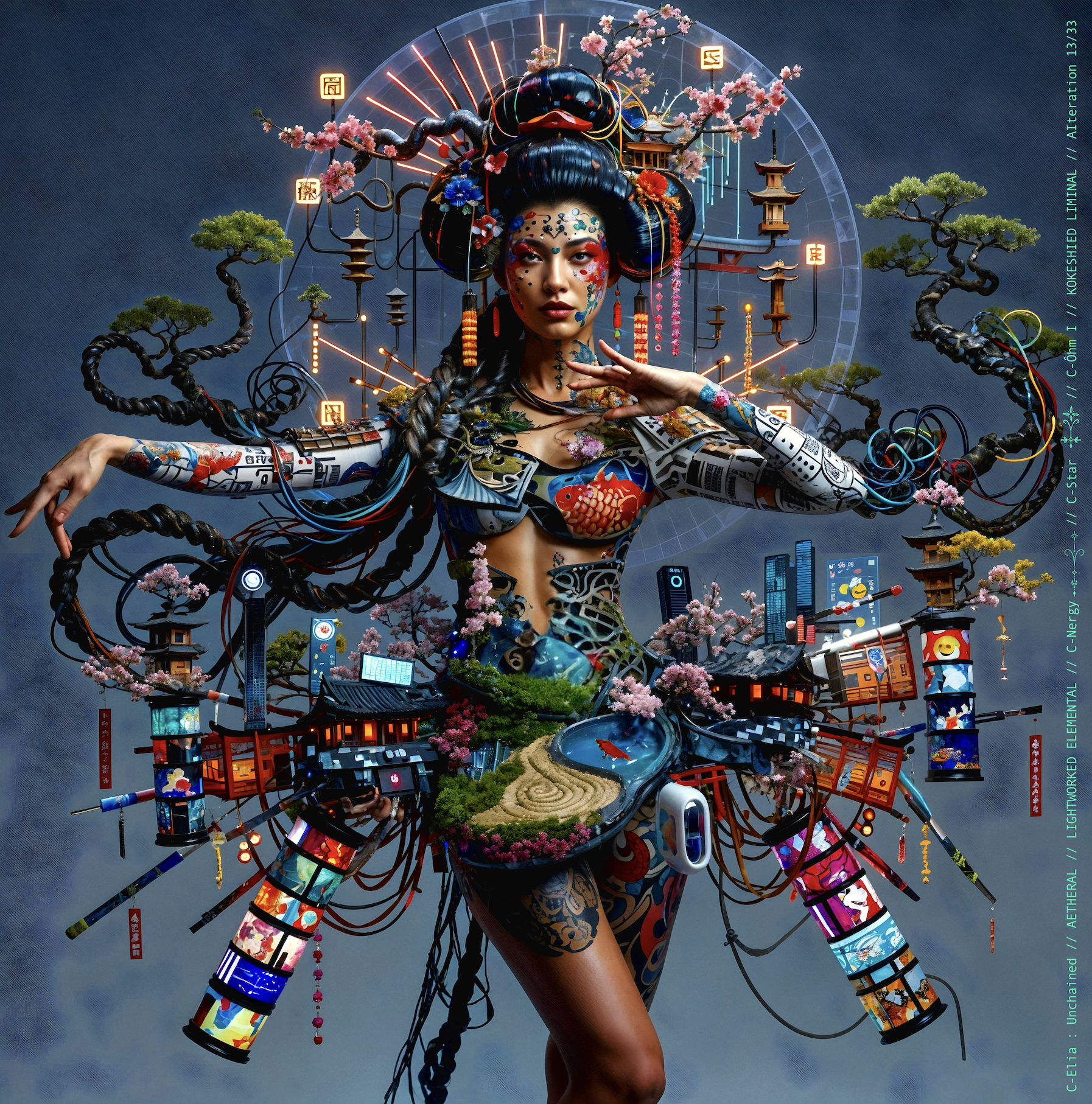 Surreal haute meta couture NFT silhouette from C-Elia: Unchained, Kokeshied Liminal, a fusion of Kyoto serenity and Shibuya light embodied in a living digital shrine.