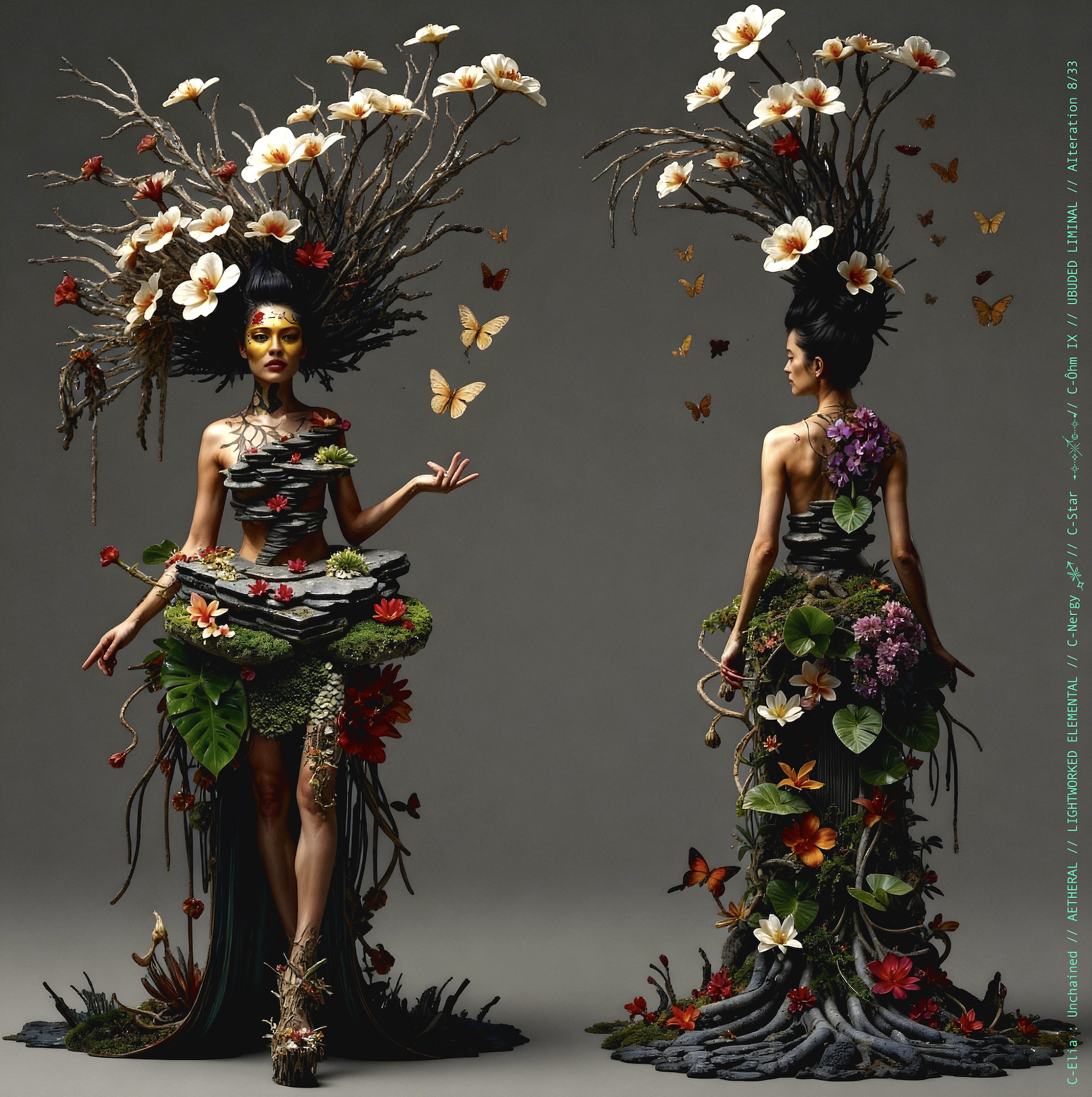 Surreal haute meta couture NFT silhouette from C Elia Unchained, Ubuded Liminal collection, merging tropical Balinese garden architecture, volcanic stone, drifting petals, incense smoke and sacred botanical couture inspired by Asian Dub Foundation’s “Witness.”