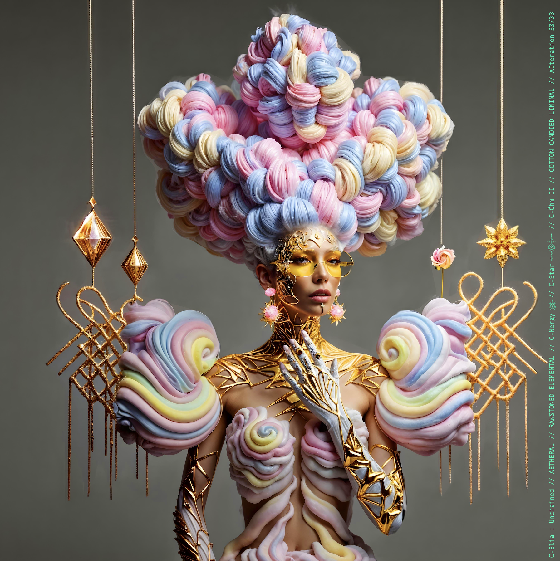 Surreal haute meta couture NFT silhouette from C Elia: Unchained, Cotton Candied Liminal collection, inspired by pastel cotton candy clouds and Khmer gold tattoos, merging sweetness, rebellion and couture into a living vaporous sculpture.