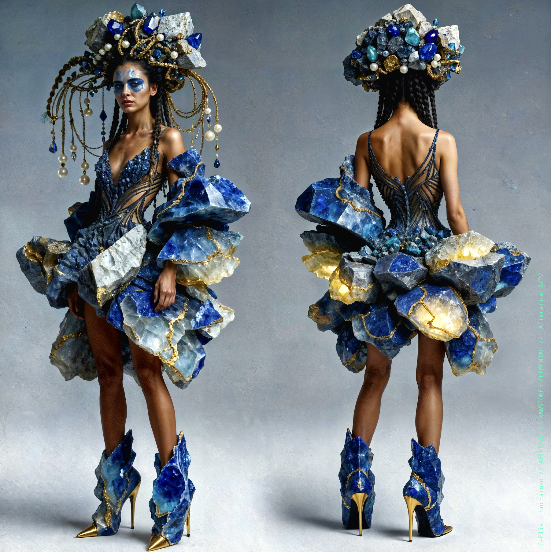 Surreal haute meta couture NFT silhouette from C Elia Unchained, Rawstoned Elemental collection, merging precious-stone hairstyles, raw mineral strata, lapis lazuli fractures and the tectonic elegance of avant garde couture.