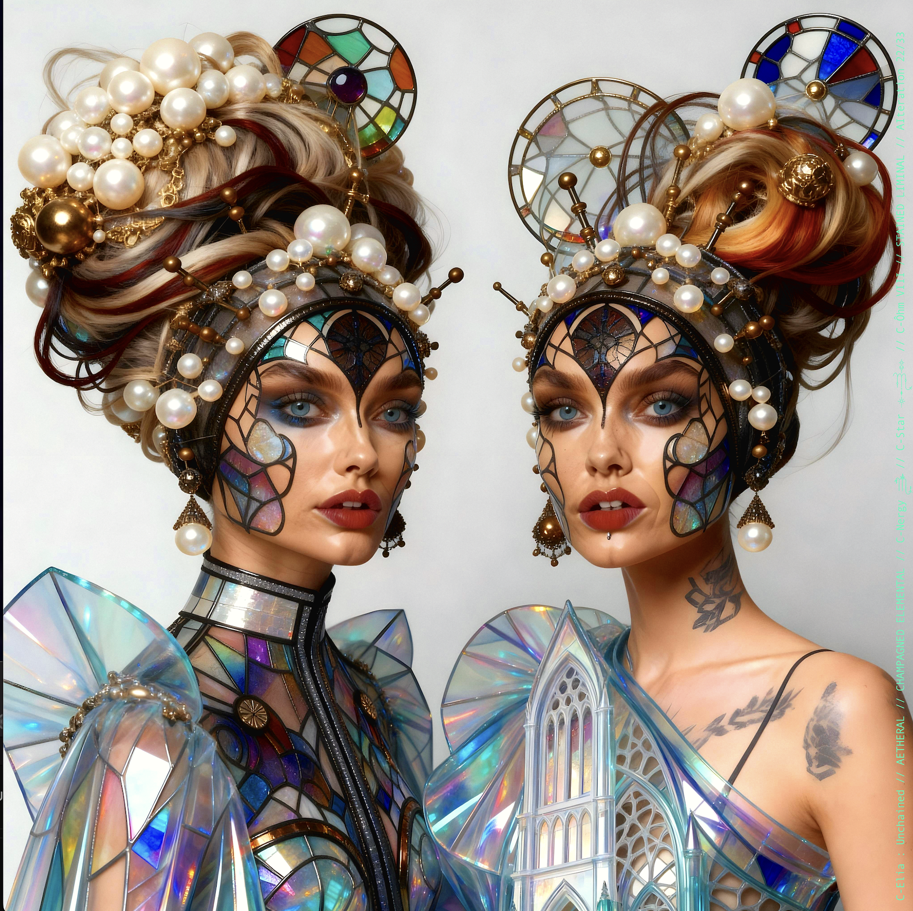 Surreal haute meta couture NFT silhouette from C-Elia: Unchained, Stained Liminal collection, inspired by cathedral stained glass and Mondrian geometry, merging sacred light, metallic reflections, and futuristic architecture into a living holographic couture sculpture.