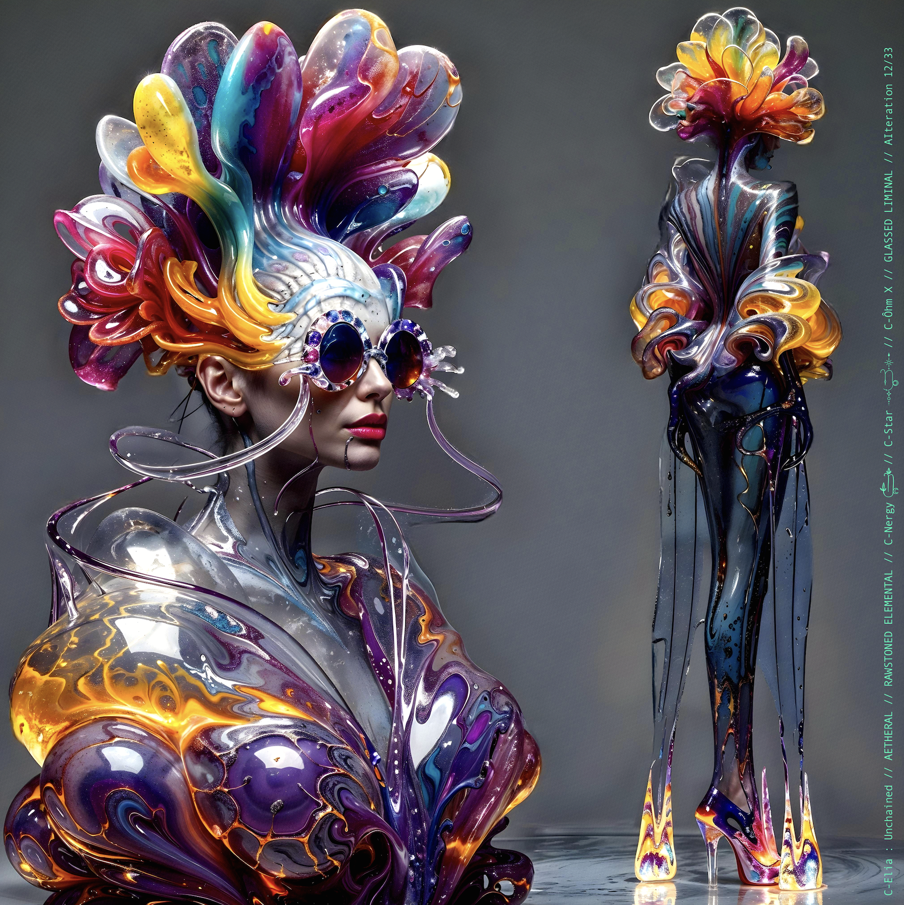 Surreal haute meta couture NFT silhouette from C-Elia: Unchained, Glassed Liminal collection, inspired by blown glass and molten light, merging fragility, transparency and grandeur into an avant garde architectural couture sculpture.