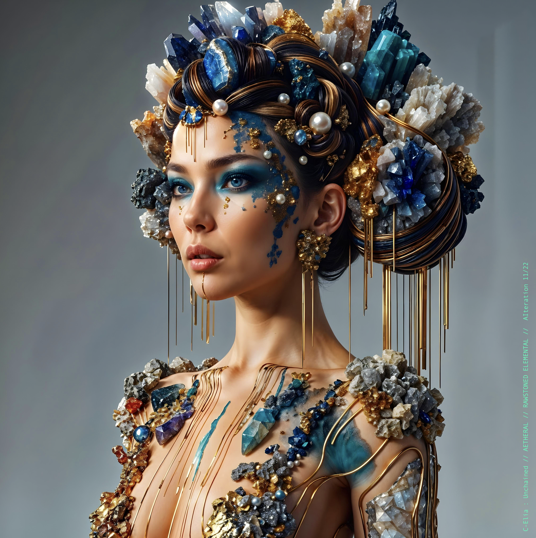 Surreal haute meta couture NFT silhouette from C Elia Unchained, Rawstoned Elemental collection, merging precious-stone hairstyles, raw mineral strata, lapis lazuli fractures and the tectonic elegance of avant garde couture.