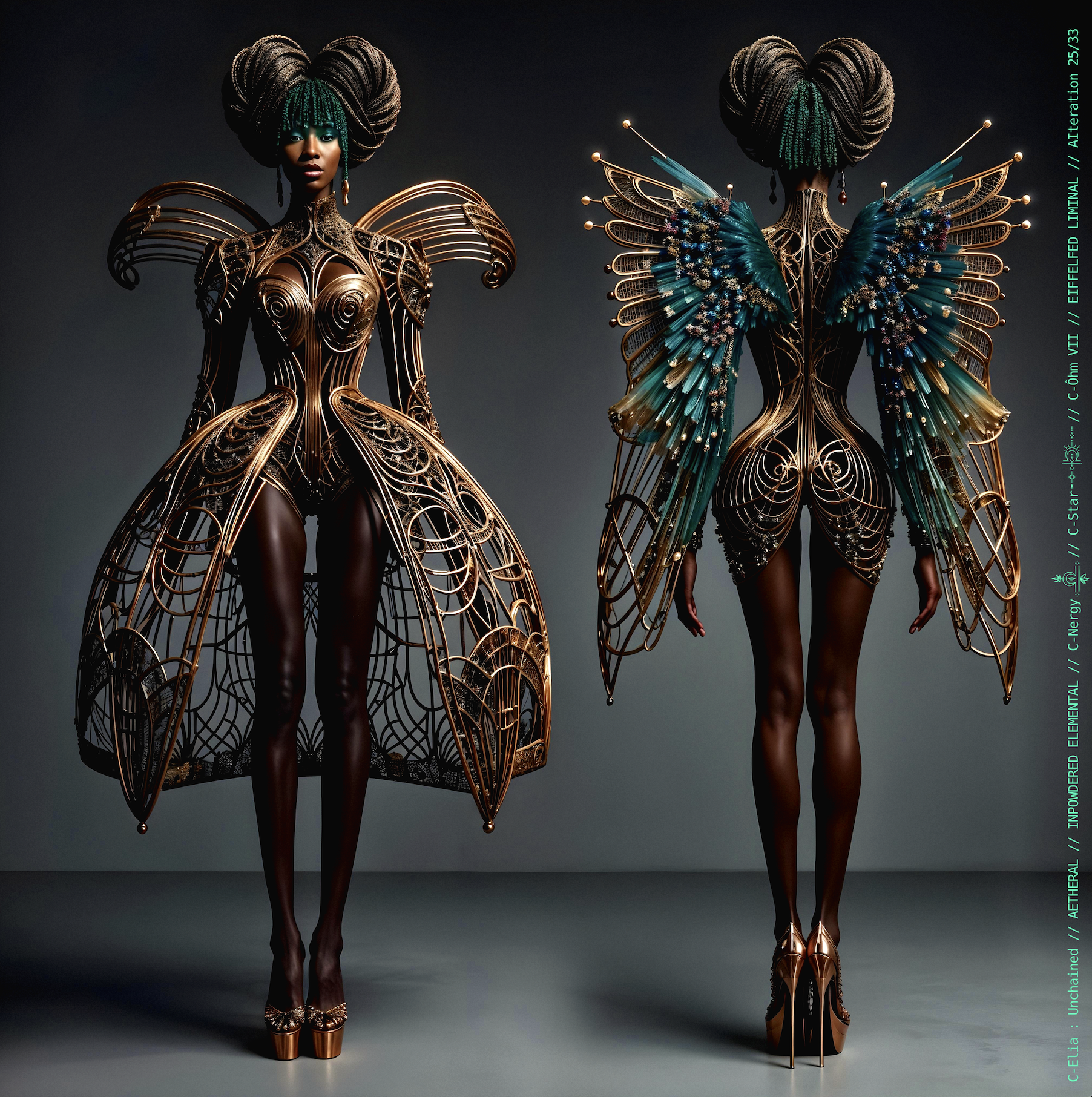 Surreal haute meta couture NFT silhouette from C Elia Unchained, Eiffelfed Liminal collection, merging openwork copper metal, emerald braids, metallic glyph makeup and Parisian architectural couture infused with the atmospheric pulse of Massive Attack and Mad Professor’s “Three.”