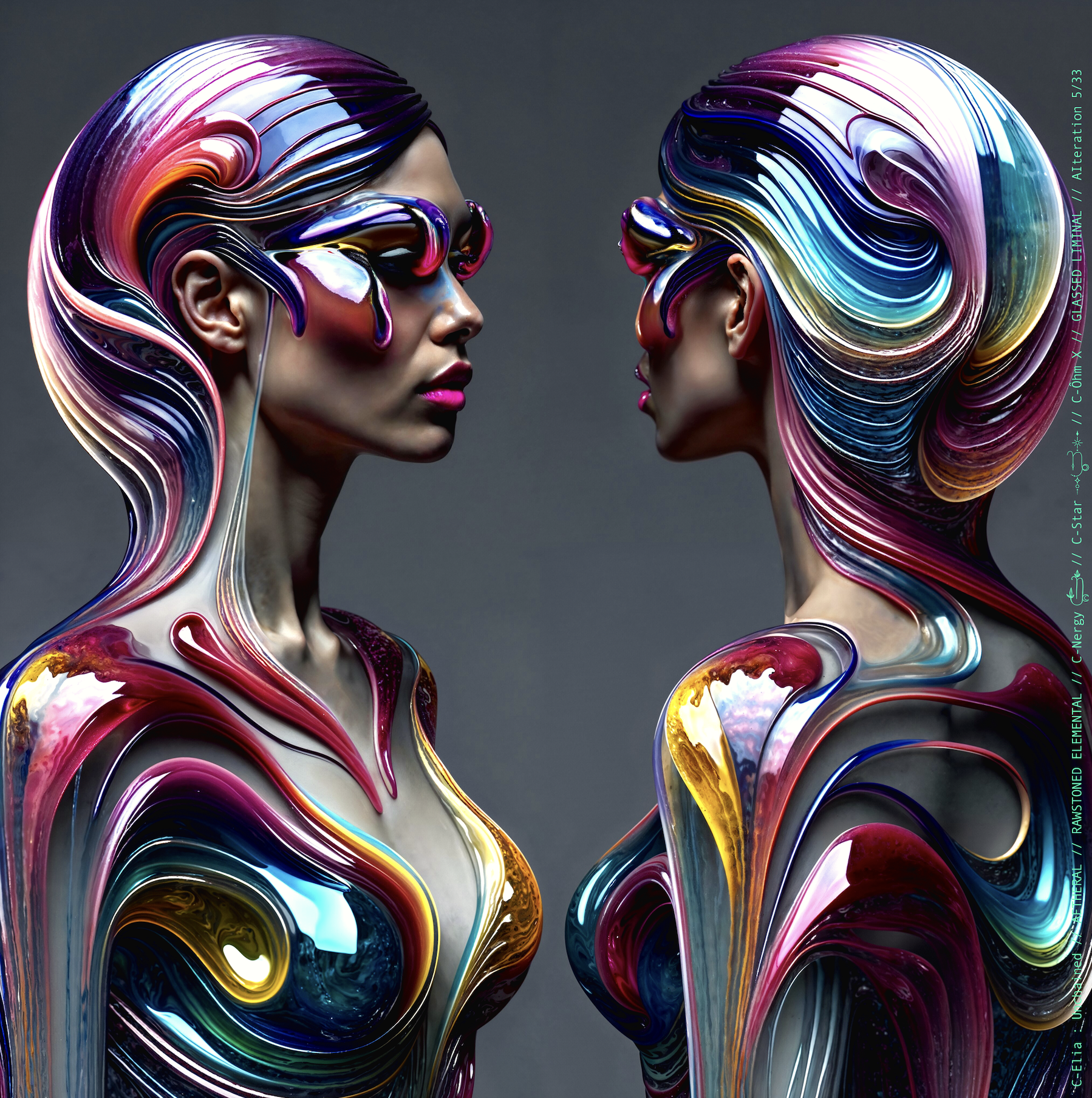 Surreal haute meta couture NFT silhouette from C-Elia: Unchained, Glassed Liminal collection, inspired by blown glass and molten light, merging fragility, transparency and grandeur into an avant garde architectural couture sculpture.