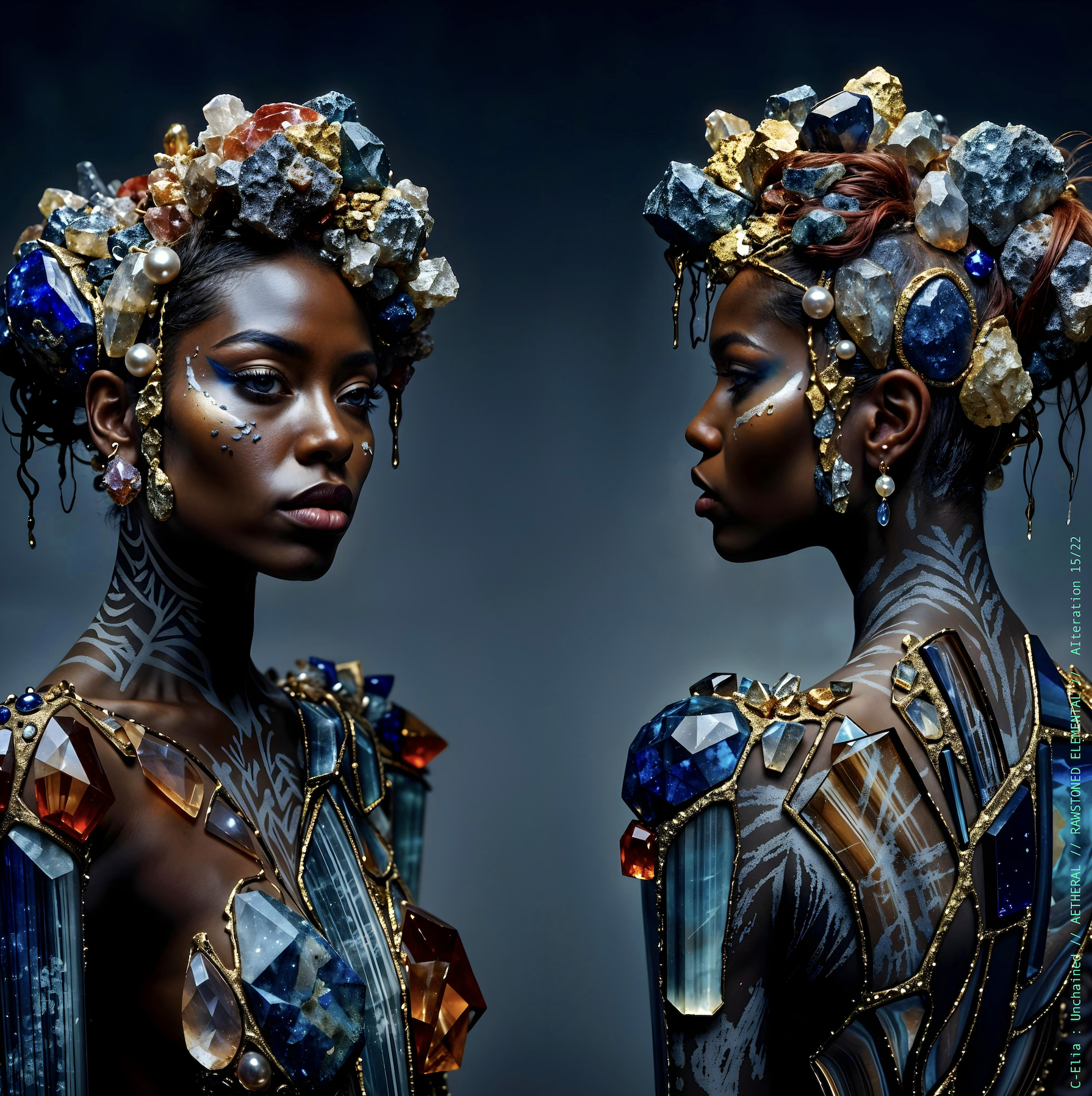 Surreal haute meta couture NFT silhouette from C Elia Unchained, Rawstoned Elemental collection, merging precious-stone hairstyles, raw mineral strata, lapis lazuli fractures and the tectonic elegance of avant garde couture.