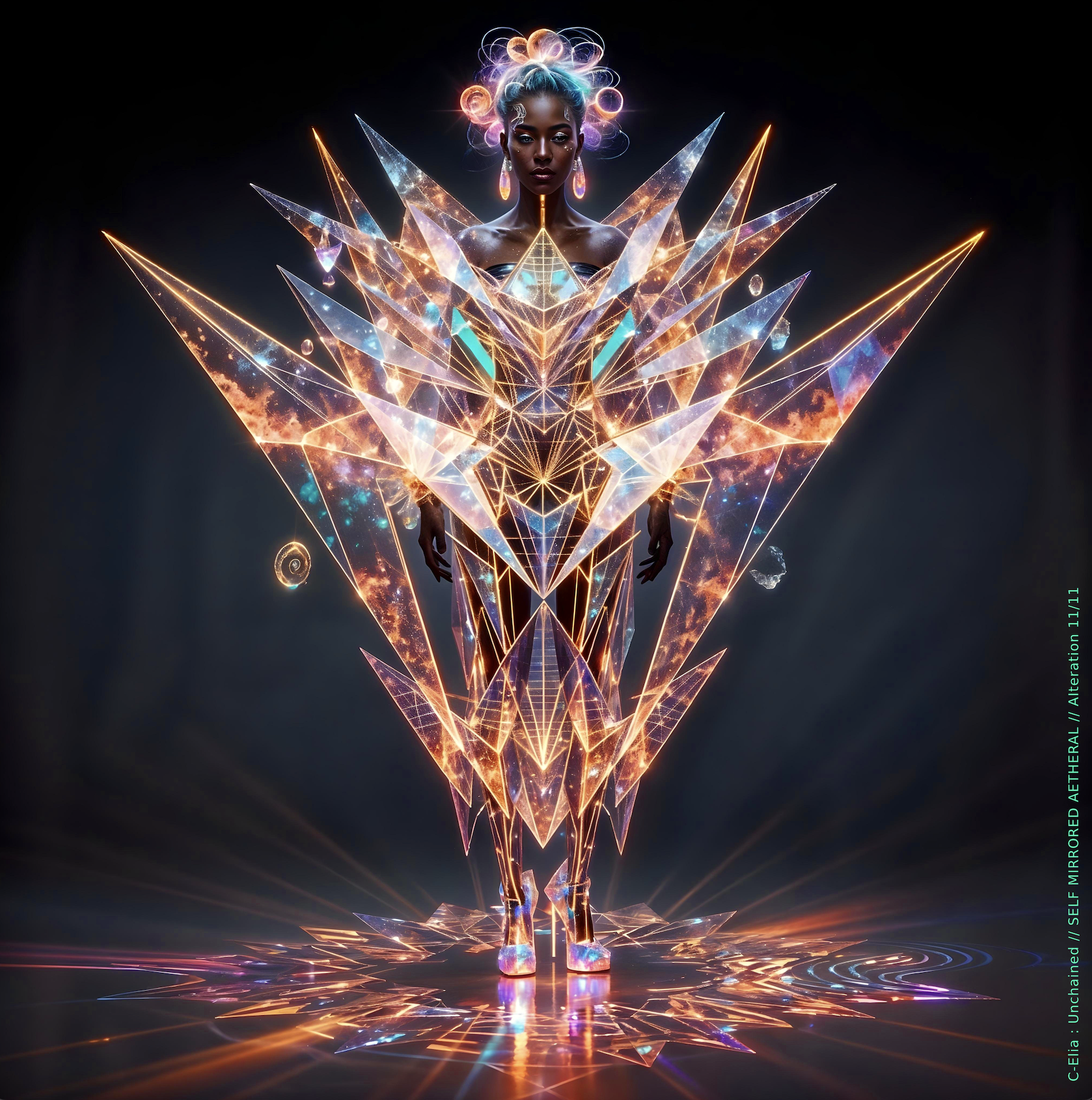 Surreal haute meta couture NFT silhouette from C Elia Unchained, Self Mirrored Aetheral collection, merging sacred geometry, plasma light, spectral prisms and refracted fire into a multidimensional couture structure inspired by M I A’s Bells Collection mixtape.