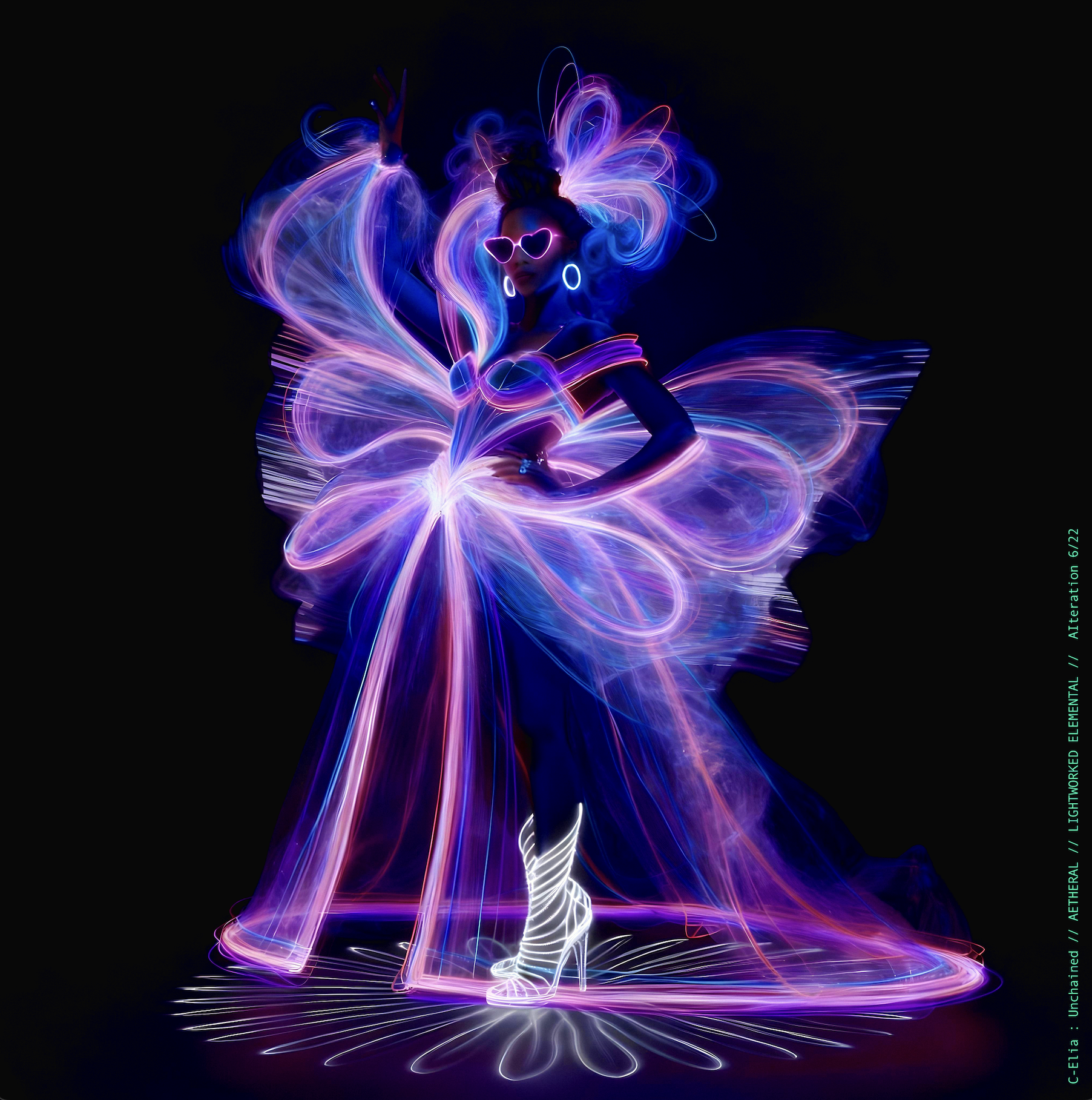 Surreal haute meta couture NFT silhouette from C-Elia: Unchained, Lightworked Elemental collection, a luminous architectural form sketched entirely in neon-painted lines and glowing contours, blending avant-garde light geometry with ethereal couture energy.