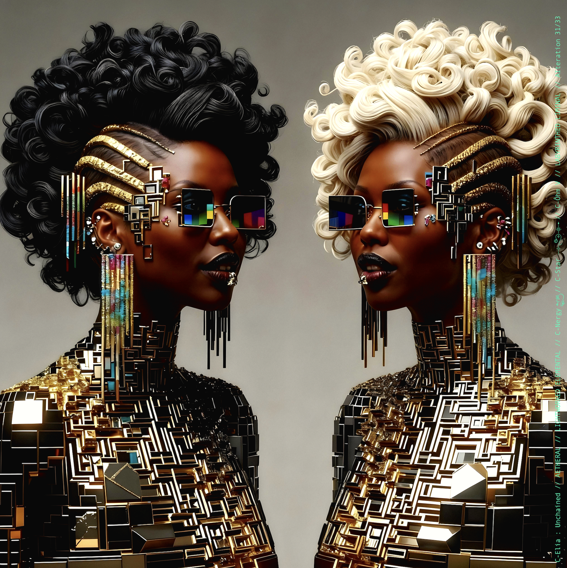 Surreal haute meta couture NFT silhouette from C Elia Unchained, Labyrinthed Liminal collection, inspired by mirrored labyrinth geometry and the chromatic echo of Blue Boy’s “Remember Me,” merging pixel tattoos, gold voxel structures and reflective couture architecture.