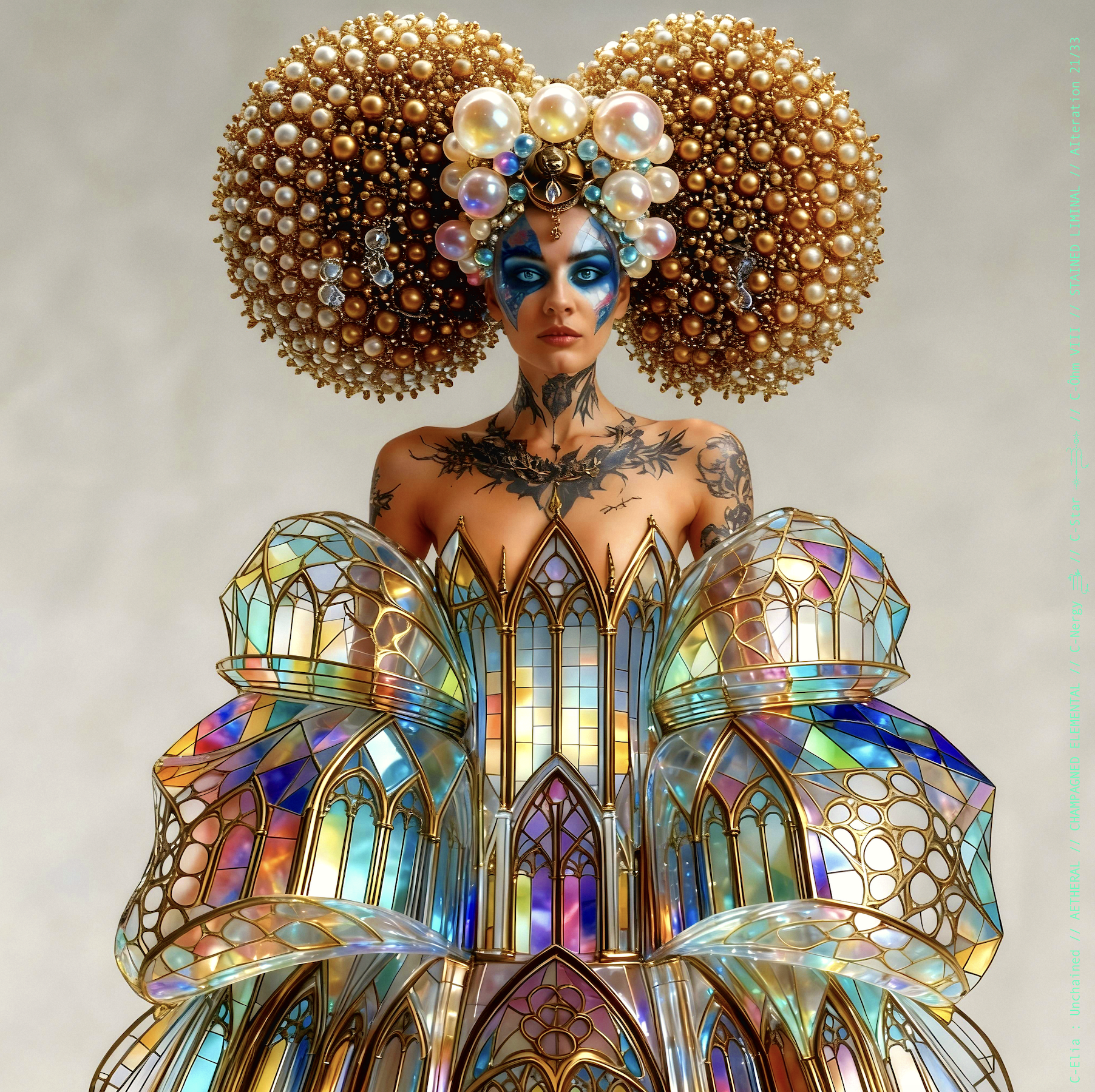 Surreal haute meta couture NFT silhouette from C-Elia: Unchained, Stained Liminal collection, inspired by cathedral stained glass and Mondrian geometry, merging sacred light, metallic reflections, and futuristic architecture into a living holographic couture sculpture.
