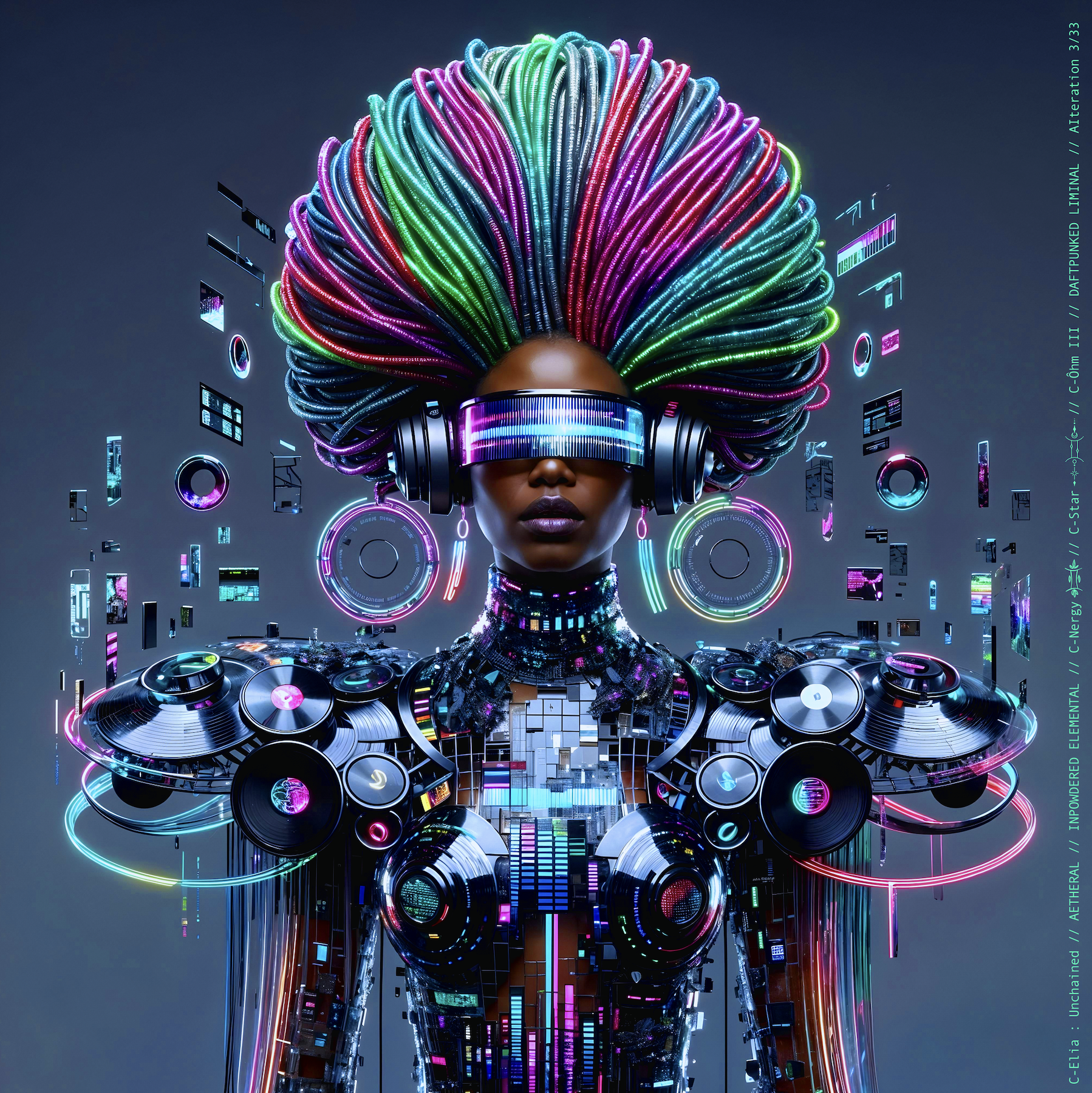 Surreal haute meta couture NFT silhouette from C Elia Unchained, Daftpunked Liminal collection, inspired by electronic neon aesthetics and the luminous frequencies of Daft Punk Alive 2008, merging holographic vinyl, glitch light and couture architecture.

