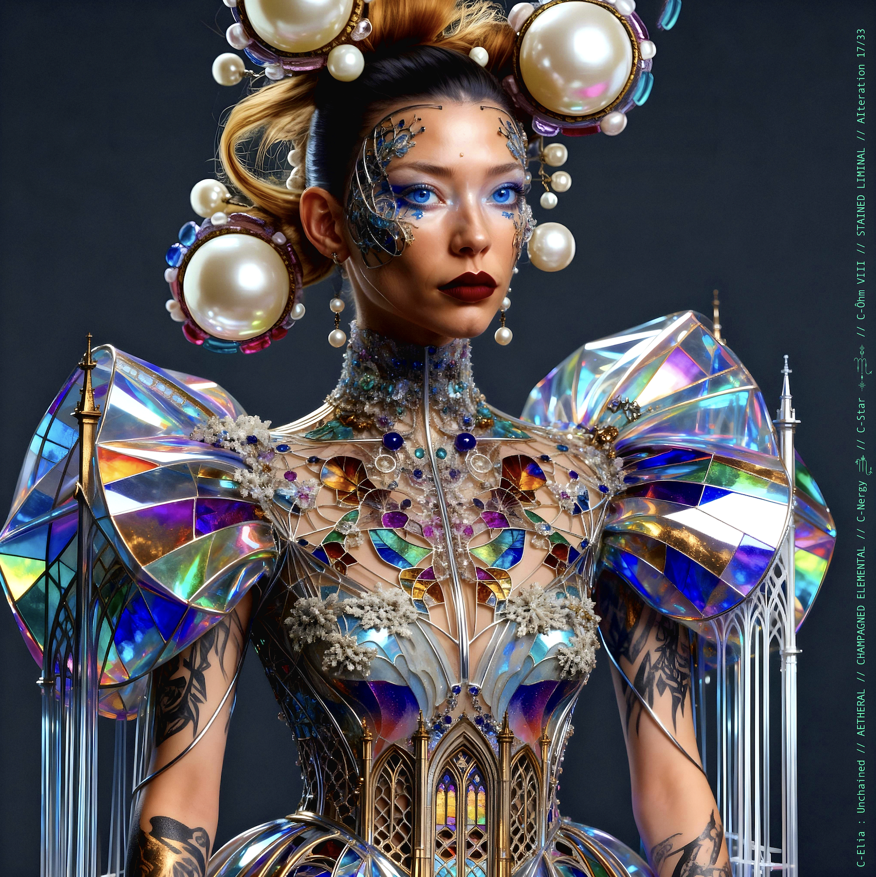Surreal haute meta couture NFT silhouette from C-Elia: Unchained, Stained Liminal collection, inspired by cathedral stained glass and Mondrian geometry, merging sacred light, metallic reflections, and futuristic architecture into a living holographic couture sculpture.