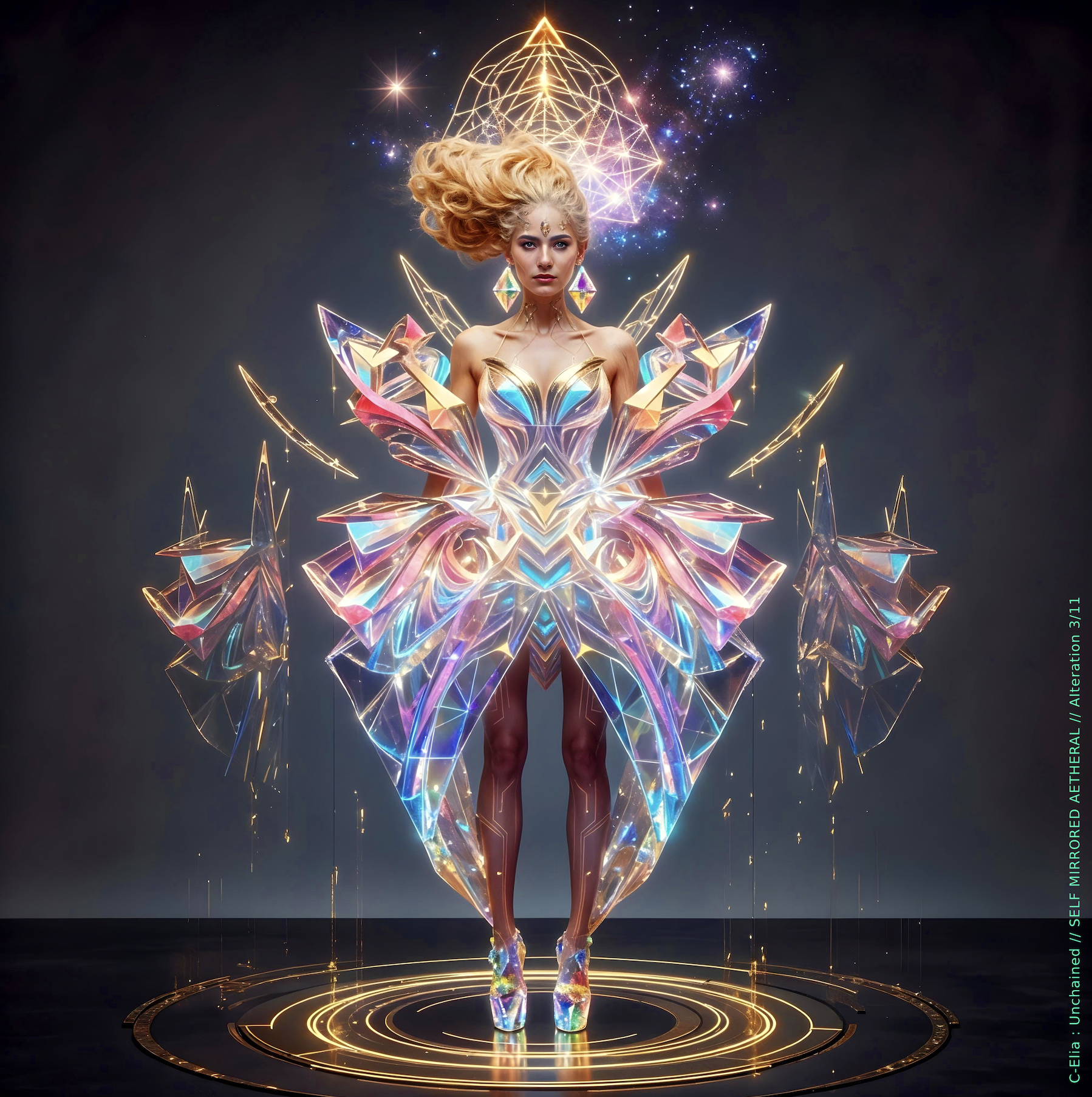 Surreal haute meta couture NFT silhouette from C Elia Unchained, Self Mirrored Aetheral collection, merging sacred geometry, plasma light, spectral prisms and refracted fire into a multidimensional couture structure inspired by M I A’s Bells Collection mixtape.