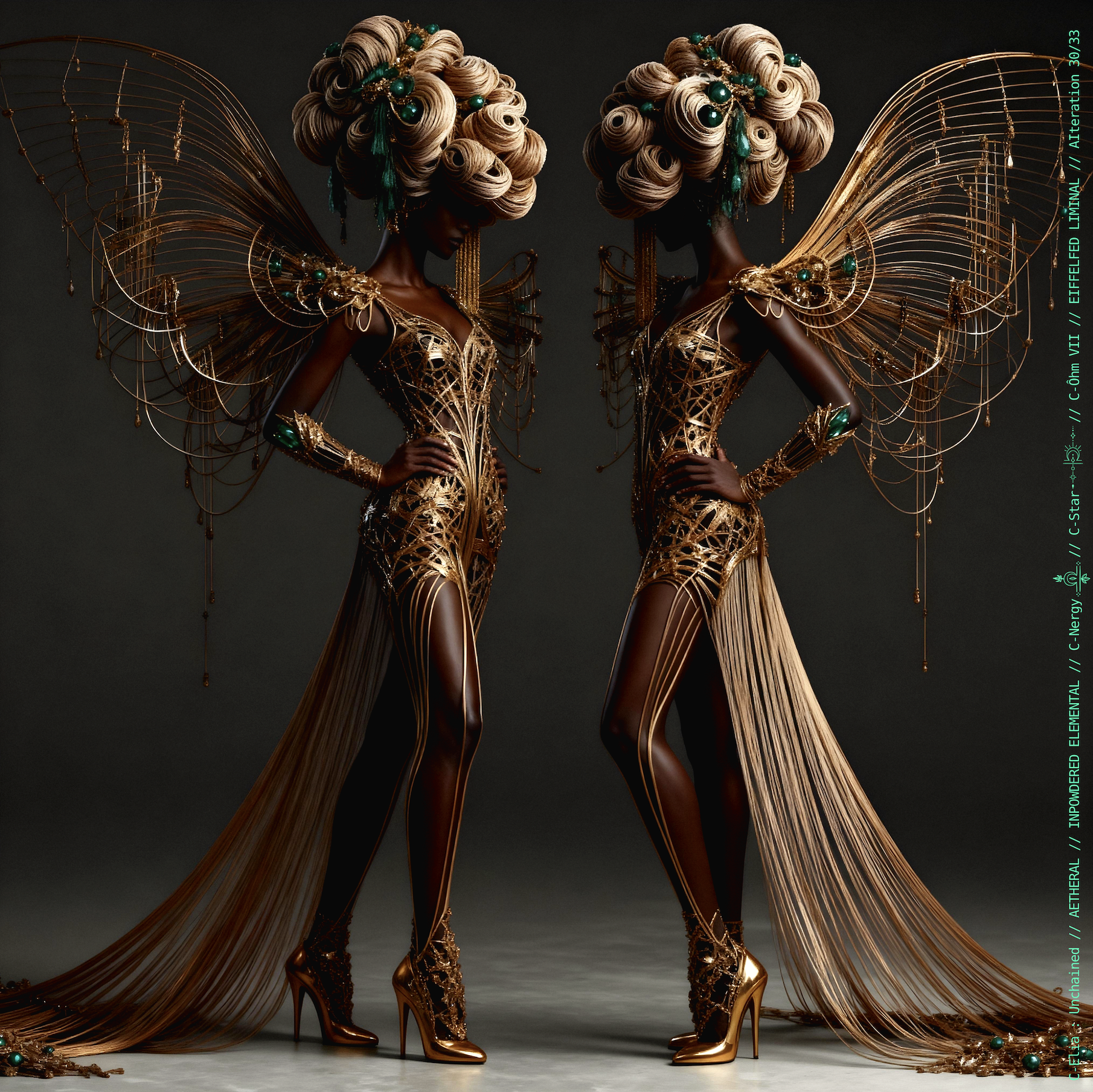 Surreal haute meta couture NFT silhouette from C Elia Unchained, Eiffelfed Liminal collection, merging openwork copper metal, emerald braids, metallic glyph makeup and Parisian architectural couture infused with the atmospheric pulse of Massive Attack and Mad Professor’s “Three.”