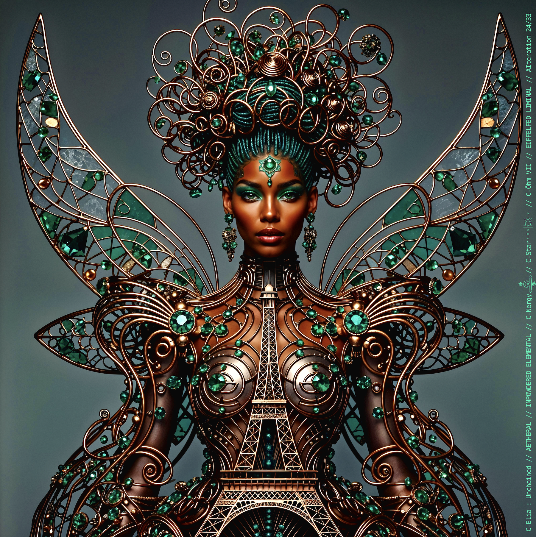Surreal haute meta couture NFT silhouette from C Elia Unchained, Eiffelfed Liminal collection, merging openwork copper metal, emerald braids, metallic glyph makeup and Parisian architectural couture infused with the atmospheric pulse of Massive Attack and Mad Professor’s “Three.”