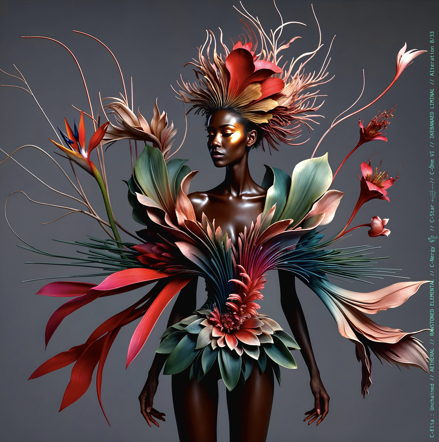 Surreal haute meta couture NFT silhouette from C-Elia: Unchained, Ikebanaed Liminal collection, inspired by floral architecture and Japanese composition, merging nature, geometry and serenity into a living couture sculpture.