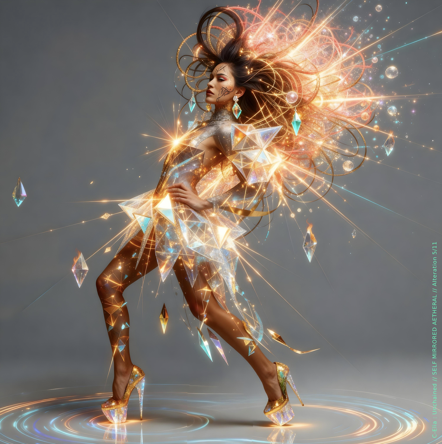 Surreal haute meta couture NFT silhouette from C Elia Unchained, Self Mirrored Aetheral collection, merging sacred geometry, plasma light, spectral prisms and refracted fire into a multidimensional couture structure inspired by M I A’s Bells Collection mixtape.