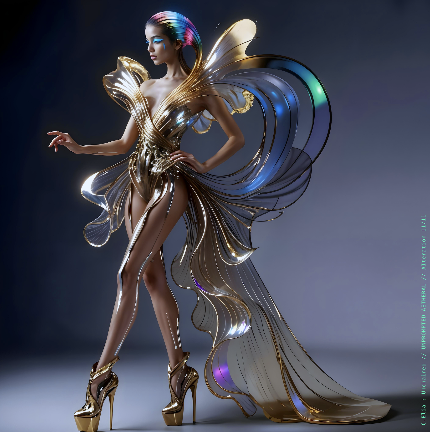 Surreal haute meta couture NFT silhouette from C Elia Unchained, Unprompted Aetheral collection, merging crystalline arcs, holographic ribbons, neon-lit futuristic structures and iridescent sacred geometry inspired by M I A’s Vicki Leekx mixtape.