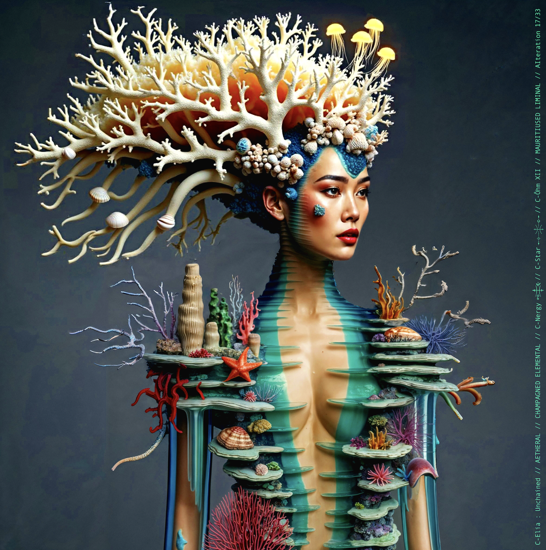 Surreal haute meta couture NFT silhouette from C-Elia: Unchained, Mauritiused Liminal collection, inspired by coral reefs and marine architecture, merging water, light and couture into a floating living sculpture