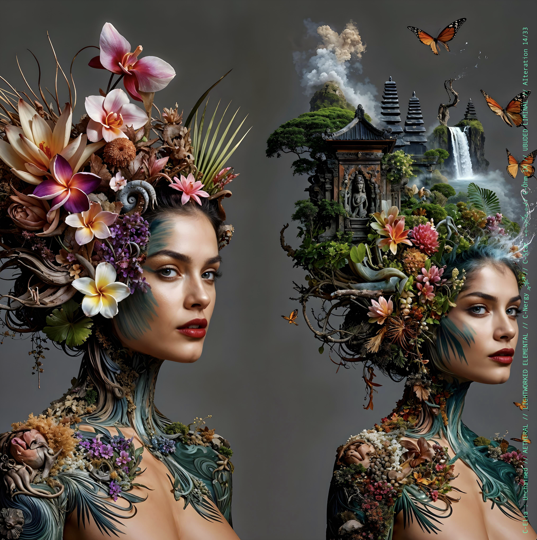 Surreal haute meta couture NFT silhouette from C Elia Unchained, Ubuded Liminal collection, merging tropical Balinese garden architecture, volcanic stone, drifting petals, incense smoke and sacred botanical couture inspired by Asian Dub Foundation’s “Witness.”