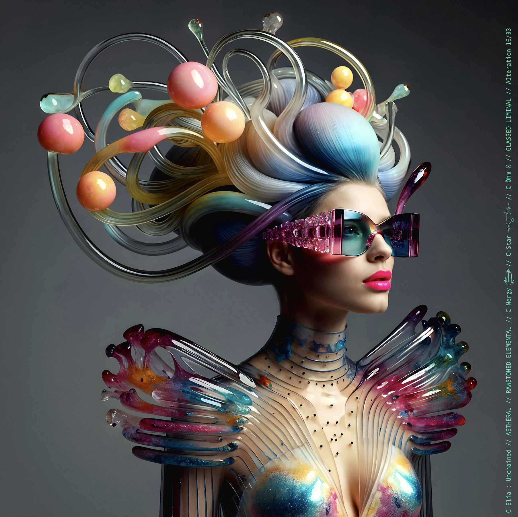 Surreal haute meta couture NFT silhouette from C-Elia: Unchained, Glassed Liminal collection, inspired by blown glass and molten light, merging fragility, transparency and grandeur into an avant garde architectural couture sculpture.