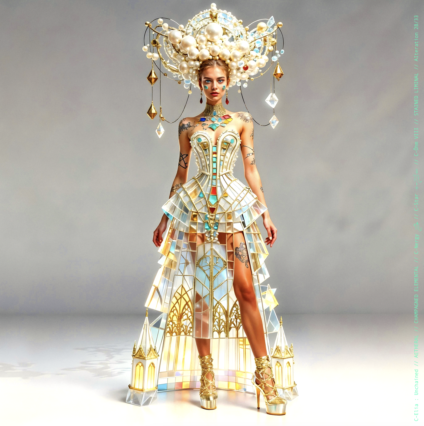 Surreal haute meta couture NFT silhouette from C-Elia: Unchained, Stained Liminal collection, inspired by cathedral stained glass and Mondrian geometry, merging sacred light, metallic reflections, and futuristic architecture into a living holographic couture sculpture.