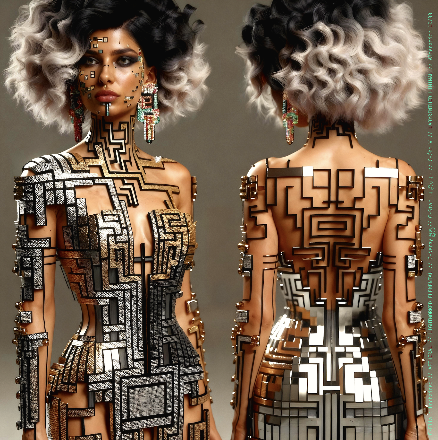 Surreal haute meta couture NFT silhouette from C Elia Unchained, Labyrinthed Liminal collection, inspired by mirrored labyrinth geometry and the chromatic echo of Blue Boy’s “Remember Me,” merging pixel tattoos, gold voxel structures and reflective couture architecture.
