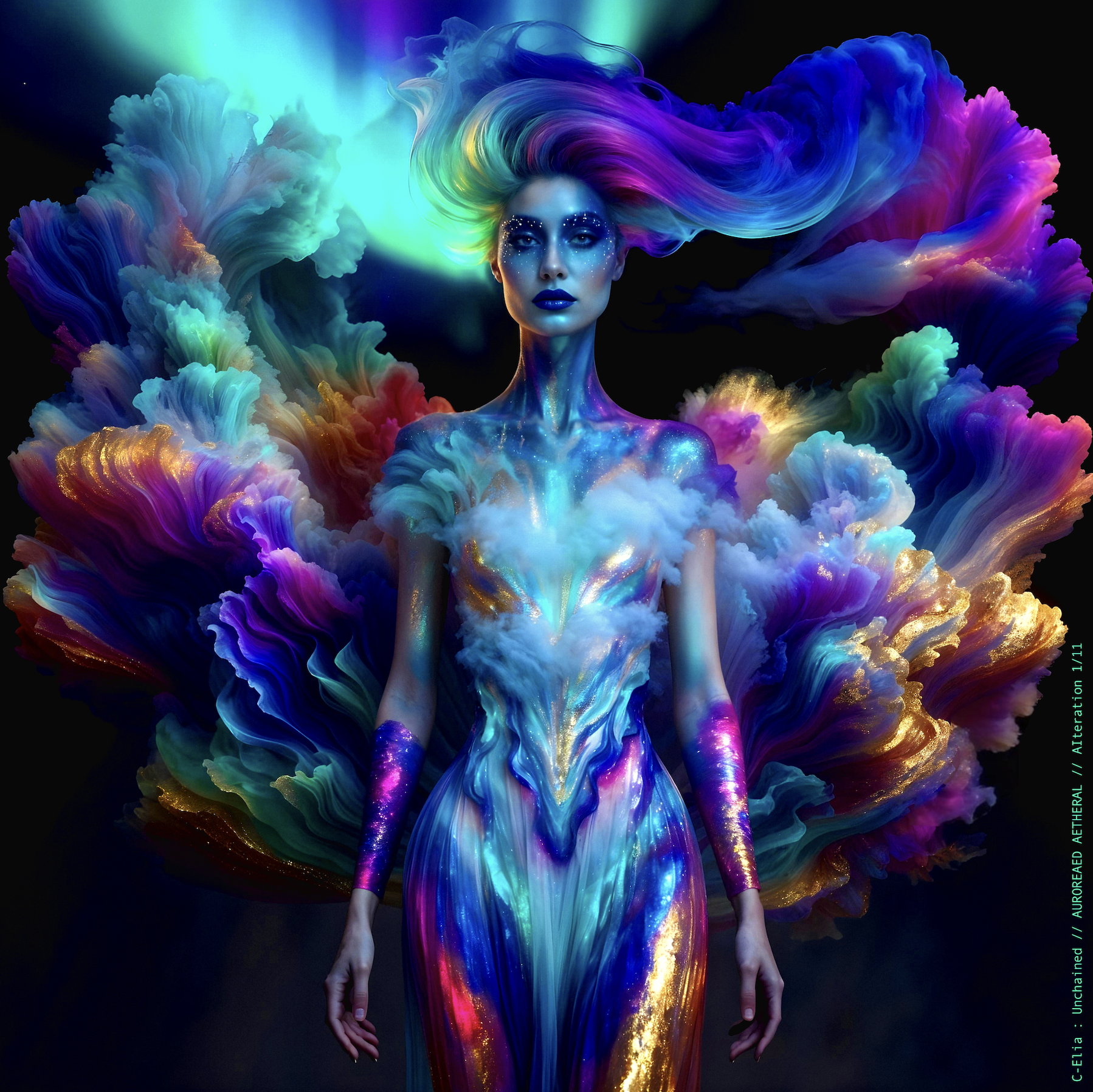 Surreal haute meta couture NFT silhouette from C Elia Unchained, Auroreaed Aetheral collection, formed from aurora borealis clouds, vaporous gradients, celestial mist and atmospheric couture inspired by M I A’s Matangi Mixtape by Kenzo.