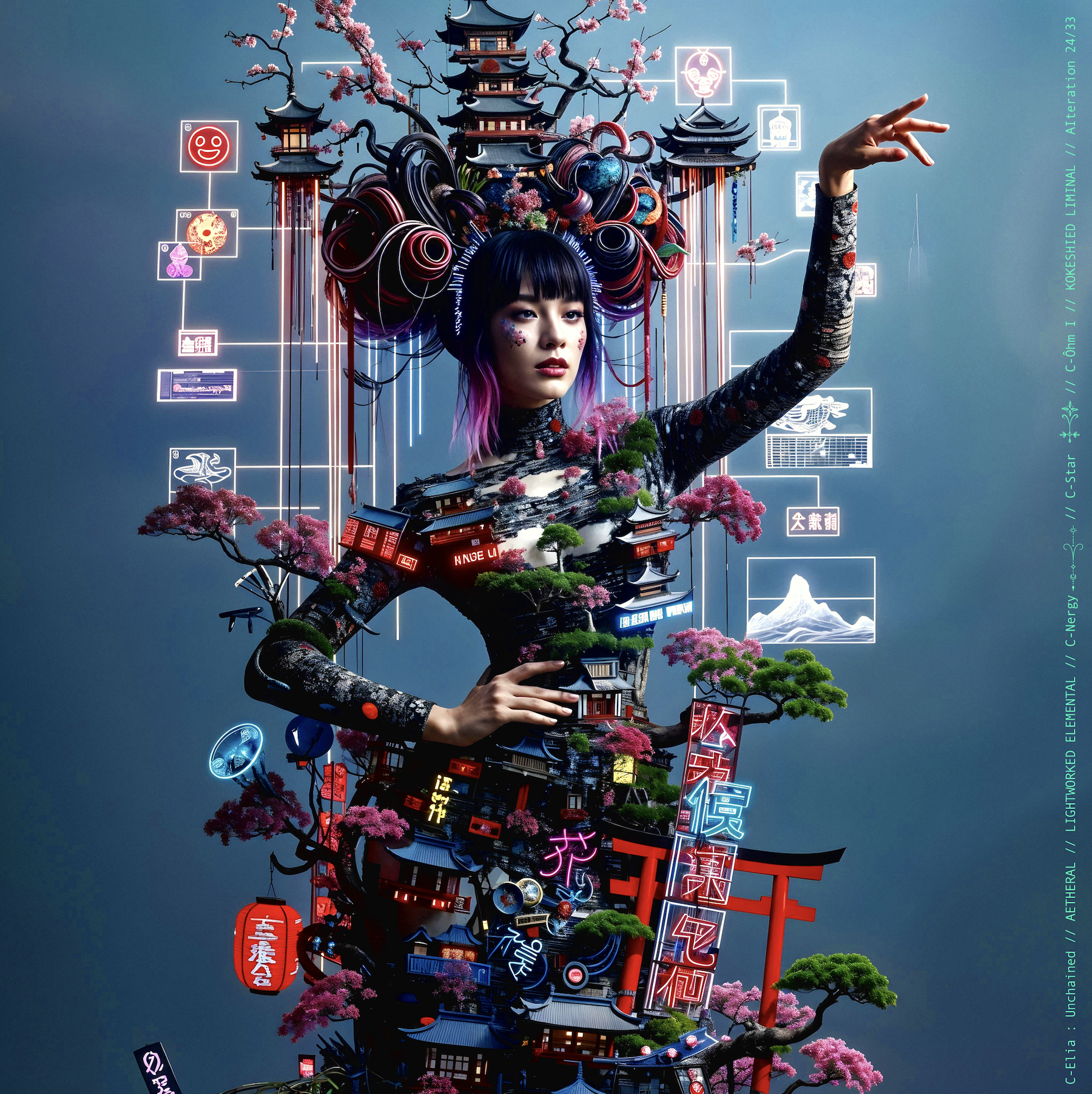 Surreal haute meta couture NFT silhouette from C-Elia: Unchained, Kokeshied Liminal, a fusion of Kyoto serenity and Shibuya light embodied in a living digital shrine.