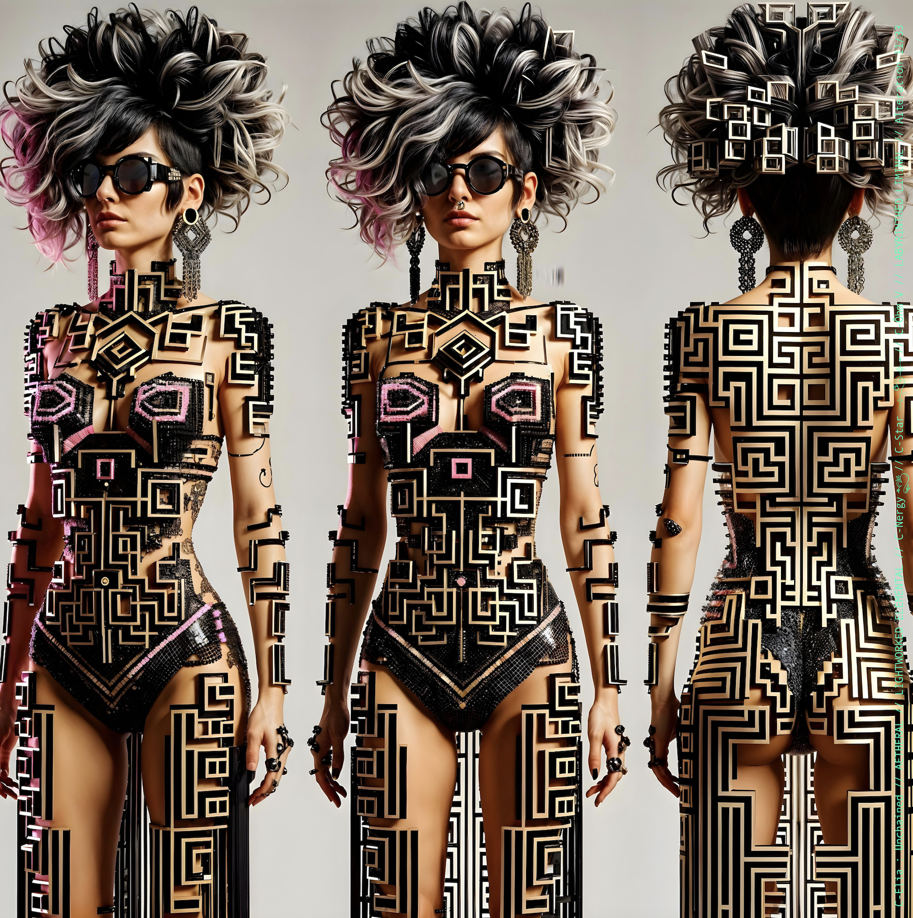 Surreal haute meta couture NFT silhouette from C Elia Unchained, Labyrinthed Liminal collection, inspired by mirrored labyrinth geometry and the chromatic echo of Blue Boy’s “Remember Me,” merging pixel tattoos, gold voxel structures and reflective couture architecture.
