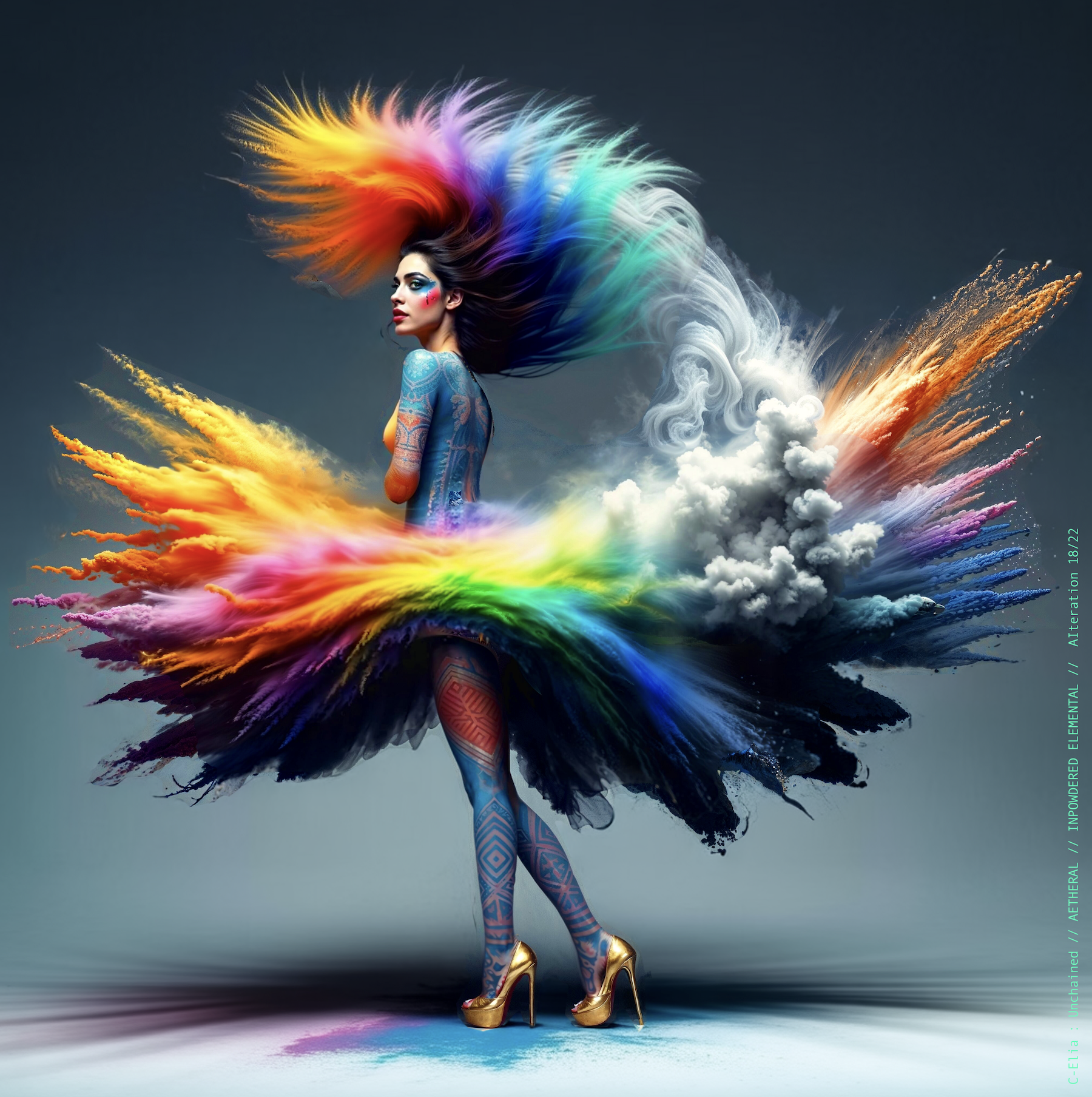 Surreal haute meta couture NFT silhouette from C Elia Unchained, Impowdered Elemental collection, formed from airborne rainbow powders, vaporous chromatic clouds and wind-sculpted avant garde couture.