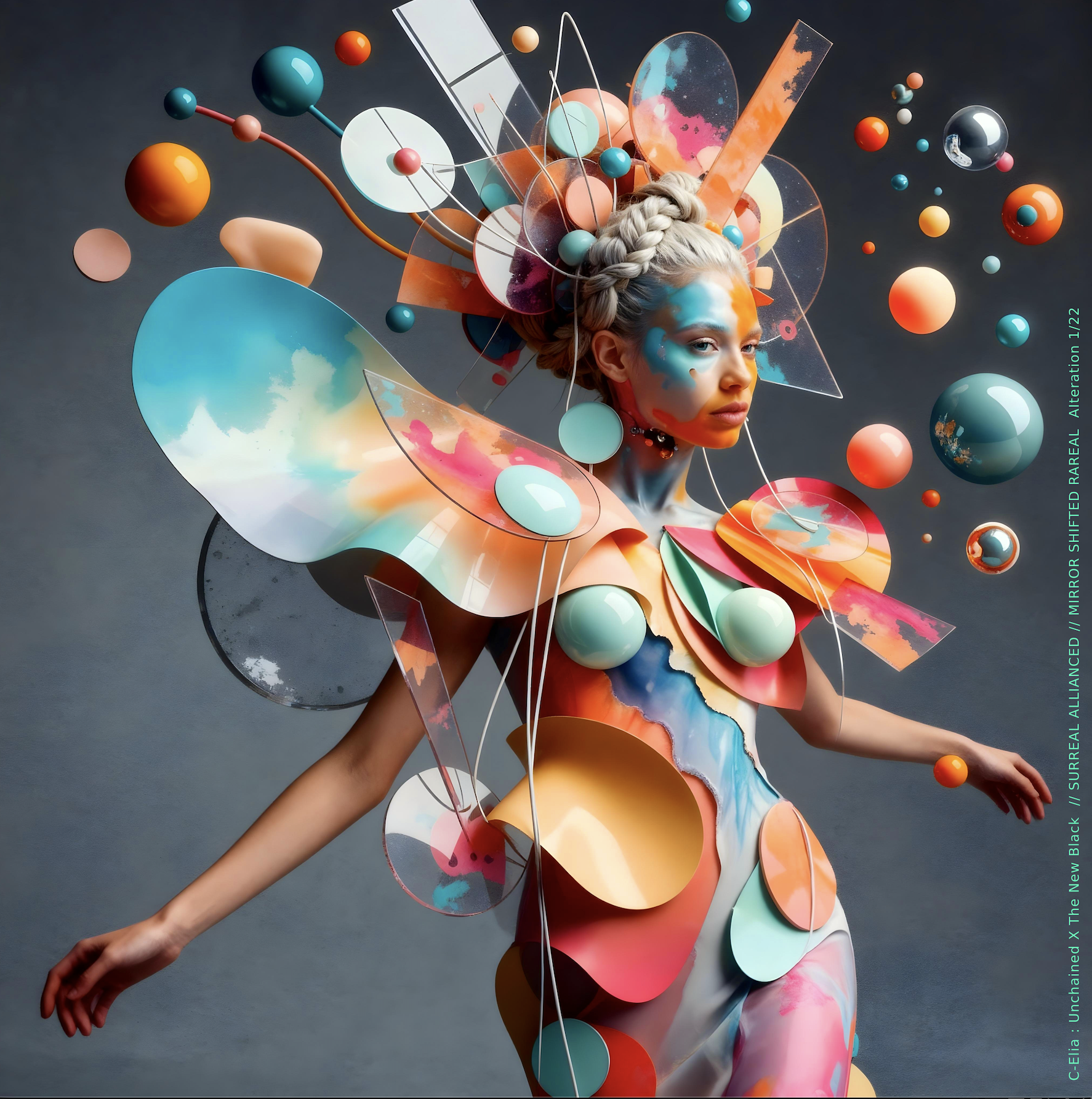 Surreal haute meta couture NFT silhouette from C-Elia: Unchained, Thenewblacked Allianced Liminal, created in collaboration with tThe New Black, merging resin, glass, acrylic and light into a living prism of translucent geometry.