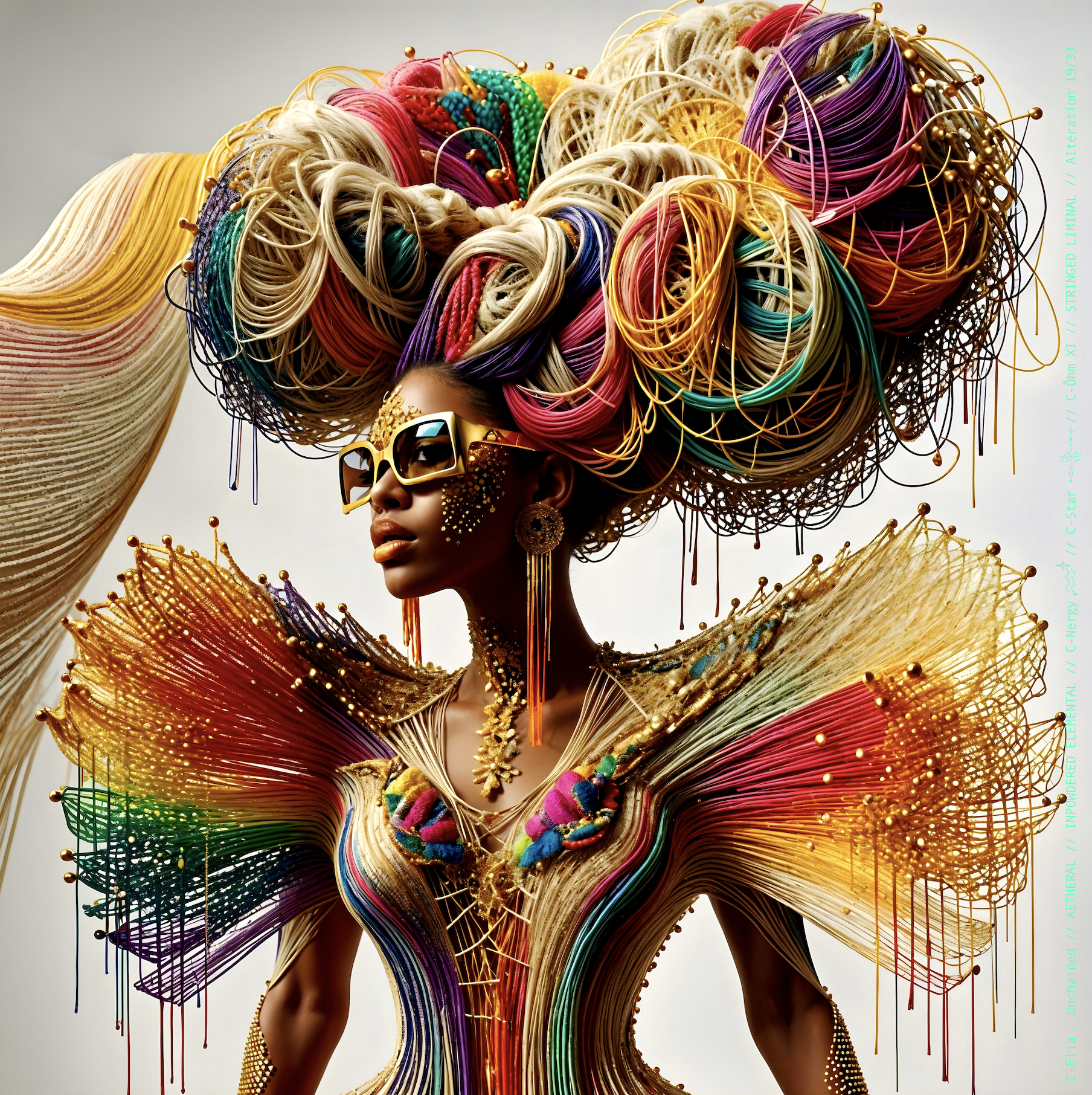 Surreal haute meta  couture NFT silhouette from C-Elia: Unchained, Stringed Liminal collection. A living sculpture made entirely of golden and colored strings, merging art, vibration and geometry into a resonant couture form.