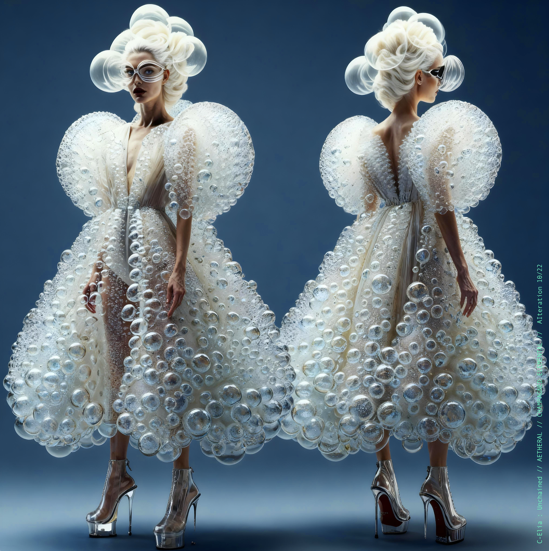 Surreal haute meta couture NFT silhouette from C Elia Unchained, Champagned Elemental collection, formed from transparent champagne bubbles, liquid cascades and retro futuristic white wave hair sculpted into effervescent couture.
