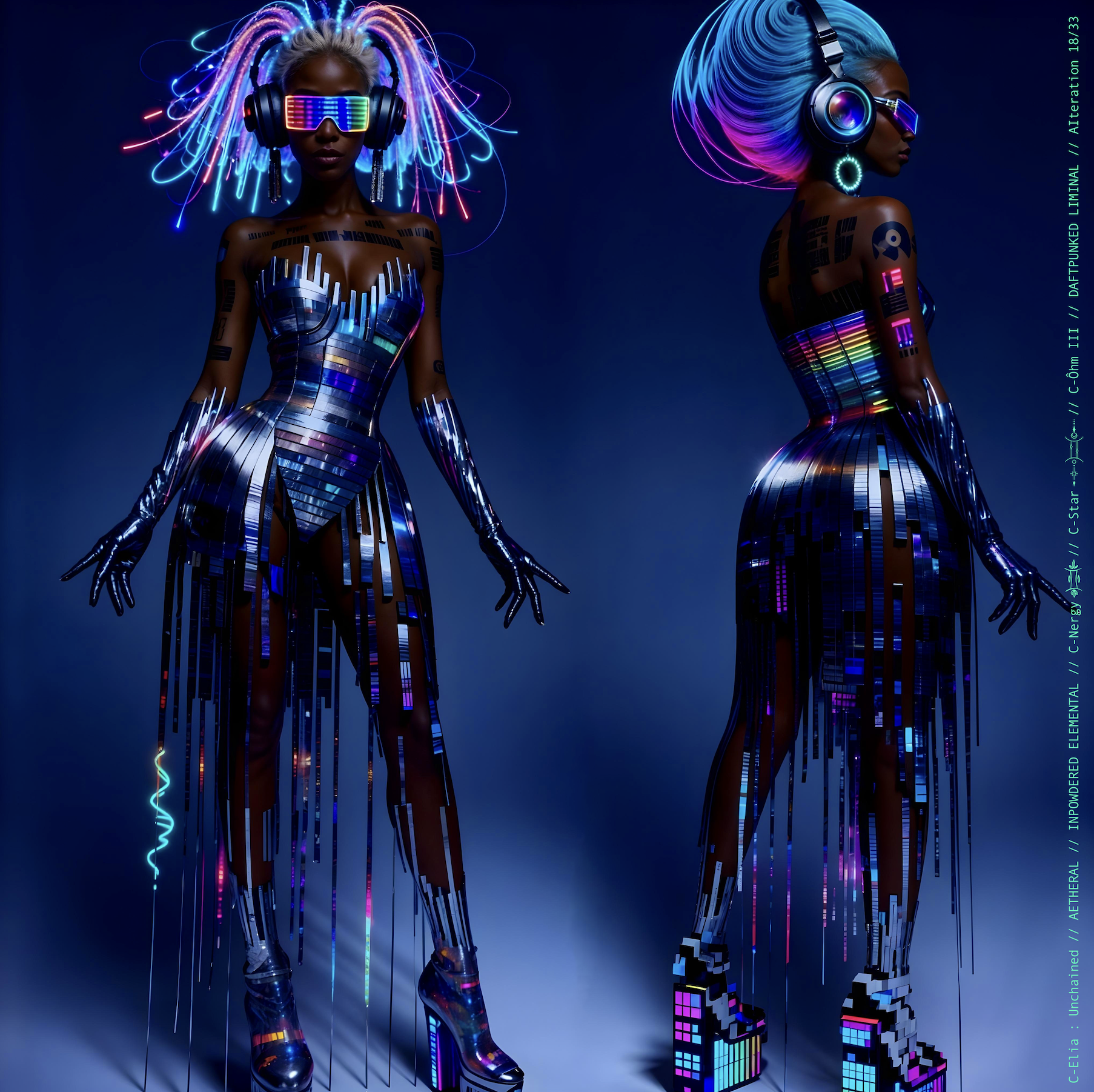 Surreal haute meta couture NFT silhouette from C Elia Unchained, Daftpunked Liminal collection, inspired by electronic neon aesthetics and the luminous frequencies of Daft Punk Alive 2008, merging holographic vinyl, glitch light and couture architecture.

